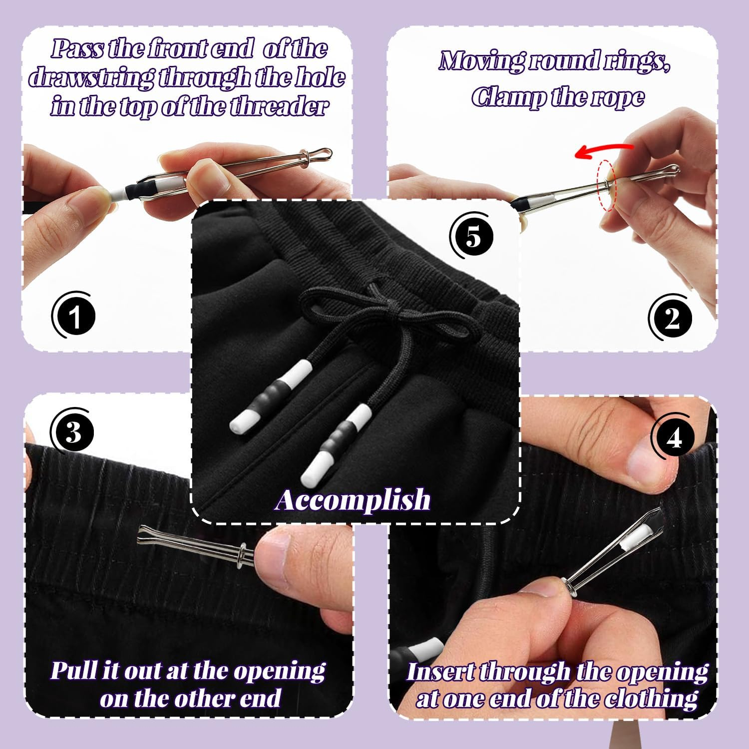 WALWAL 2 Pack 51 Inch Replacement Drawstrings Cotton Drawstring Cord, Suitable for Sweatpants Hoodies Shorts, with Threader Tool(Red+Black White) image number 4