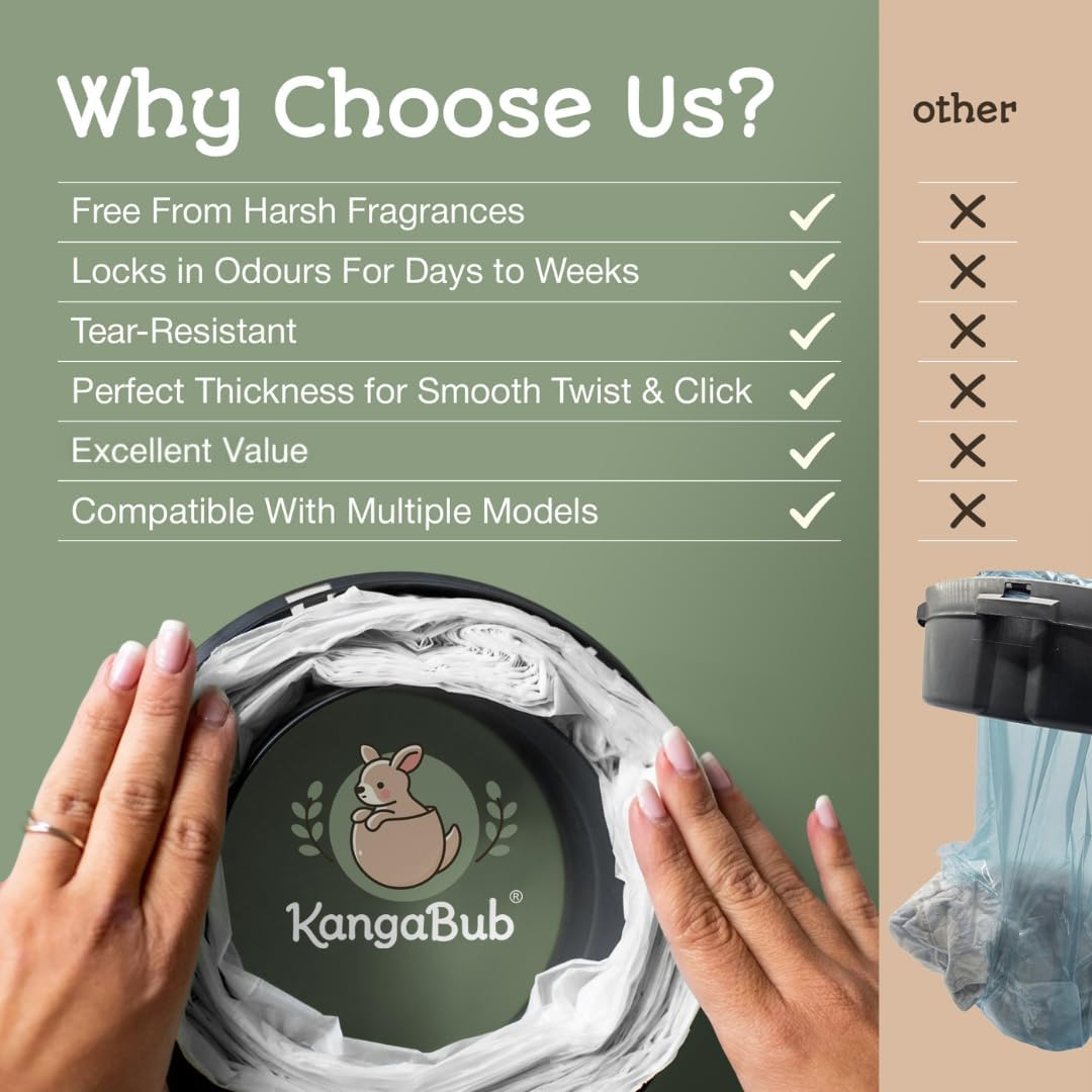 Kangabub 8-Pack 80M Nappy Bin Refills Compatible with Tommee Tippee Twist & Click, Sangenic Tec & Simplee Locks in Odours with Gas Barrier Film Eco-Friendly Package Fragrance-Free image number 1