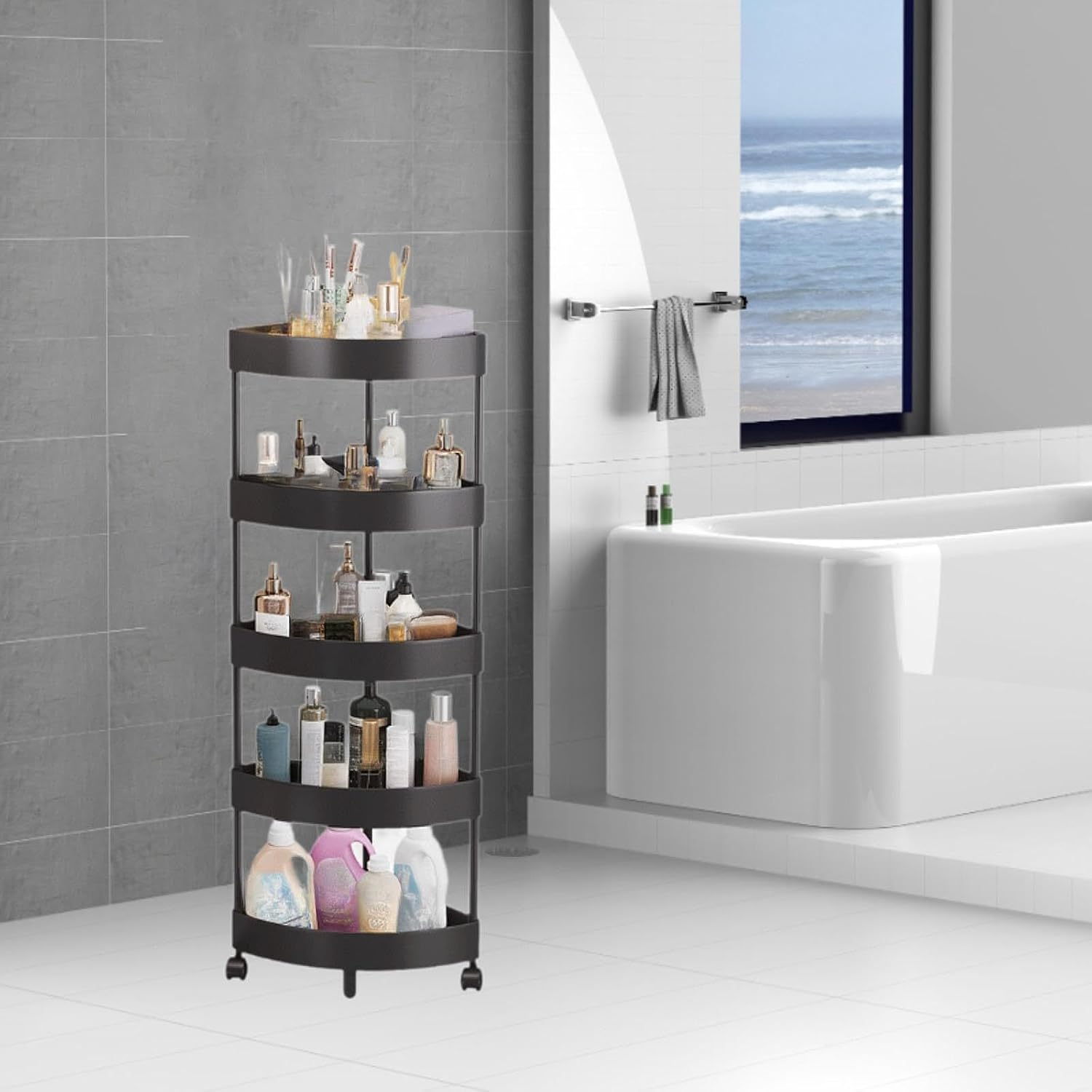 Yuksok Floor Corner Shelf Floor Standing with Wheels Large Capacity Drain Basket Shelving for Bathroom Kitchen Shower Organizer Rack, 5 Tier Black - 4 Tier White image number 6