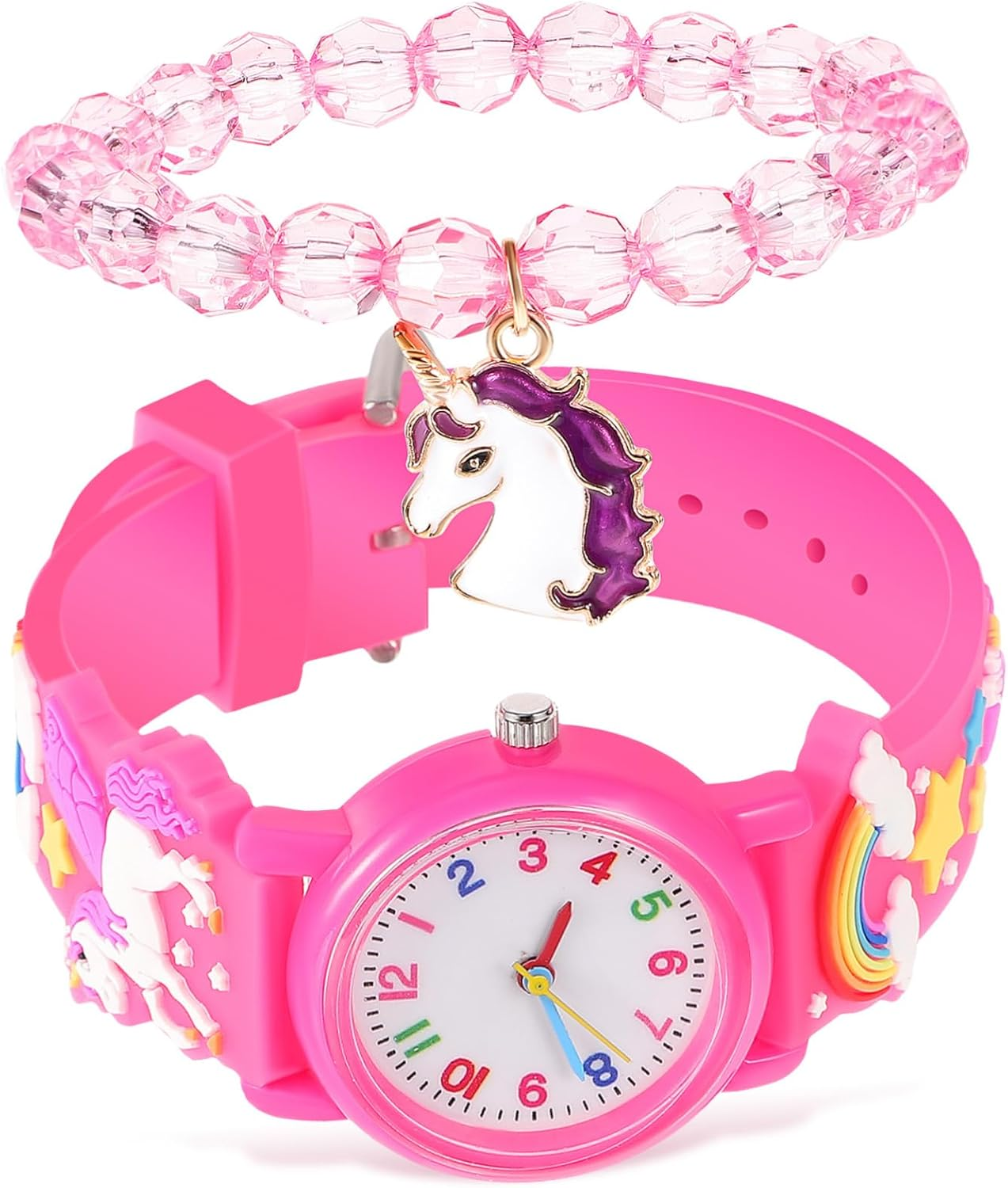 LIFKOME 1Set Unicorn Watch and Bracelet for Girls Digital Cartoon Wristwatch with Beaded Unicorn Bracelet Present for Boy Girl Birthdays and Festivals image number 4