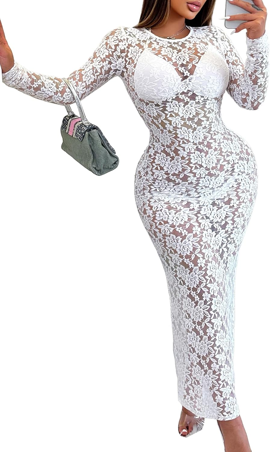 Elegant Long Sleeve Lace Dress for Women - Lace Maxi Dress with Sheer Overlay, Sexy Maternity & Evening Gown