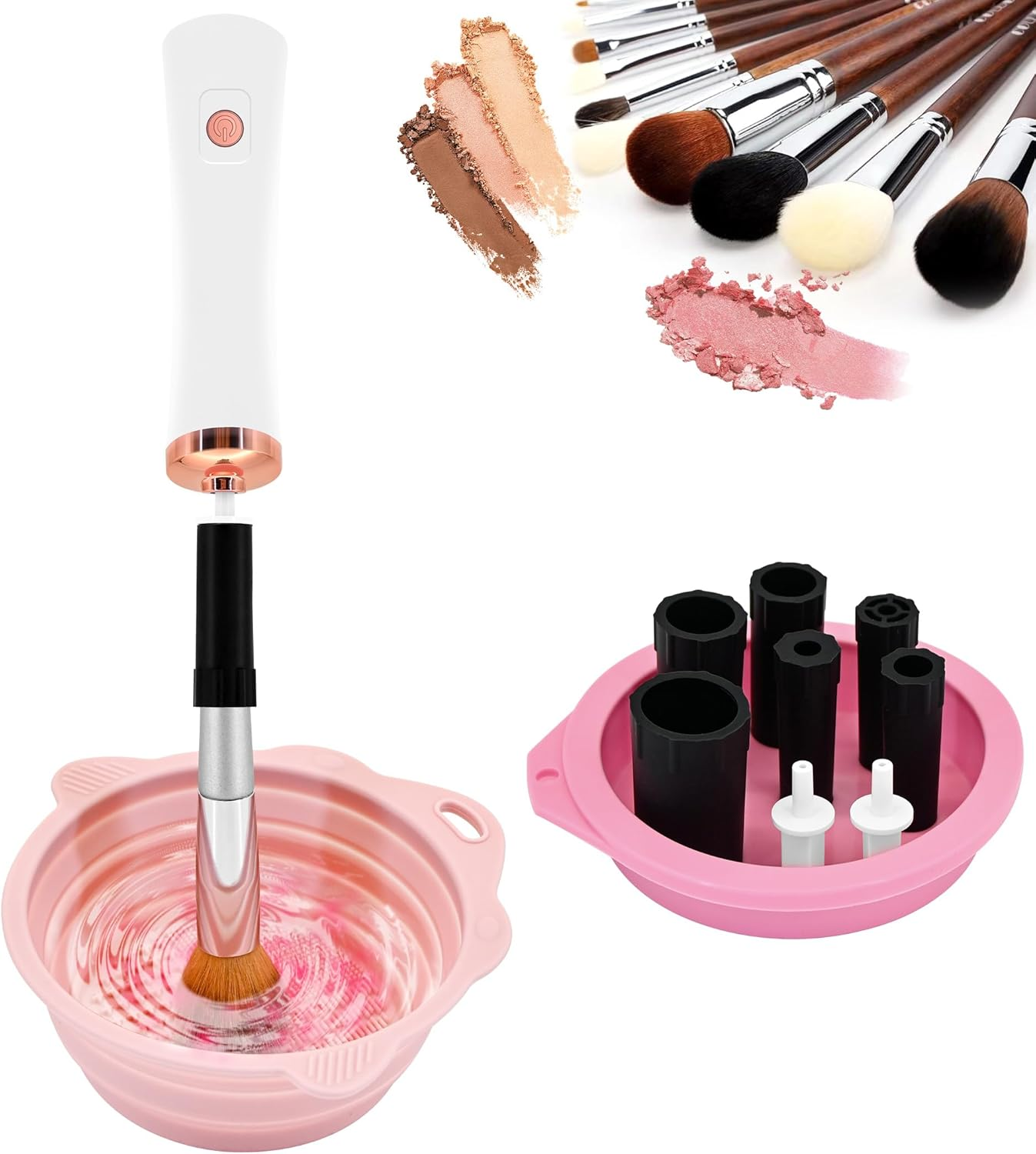 YBVABE Makeup Brush Cleaner and Dryer with Silicone Makeup Brushes Cleaner Bowl, Portable Cleaning Tool for Brushes, Powder Puffs, and Sponges, Super-Fast Automatic Cosmetic Brush Spinner (Pink)