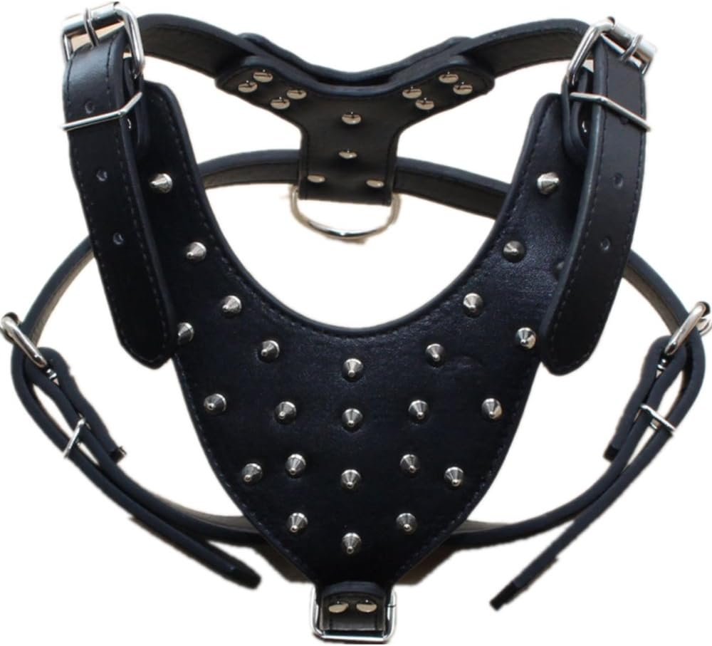 Haoyueer Sharp Studded Leather Dog Collars Medium Large Dog Harness Matching Set for Pit Bull Mastiff Boxer Bull Terrier (M, Black)