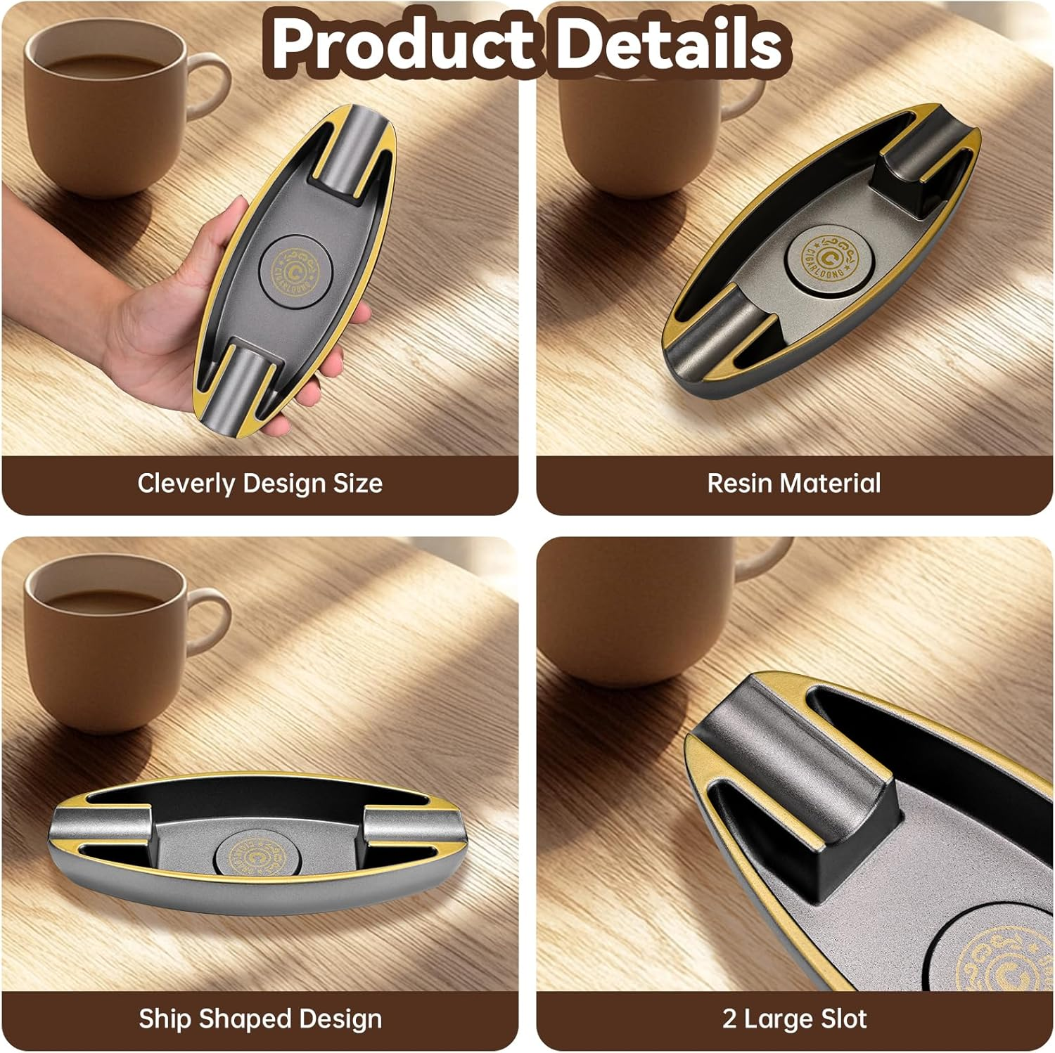 Outdoor Cigar Ashtray, Resin Ashtray, Portable Cigar Ashtray with 2 Holders for Home, Patio, Travel Use (Gold),1 Piece image number 3