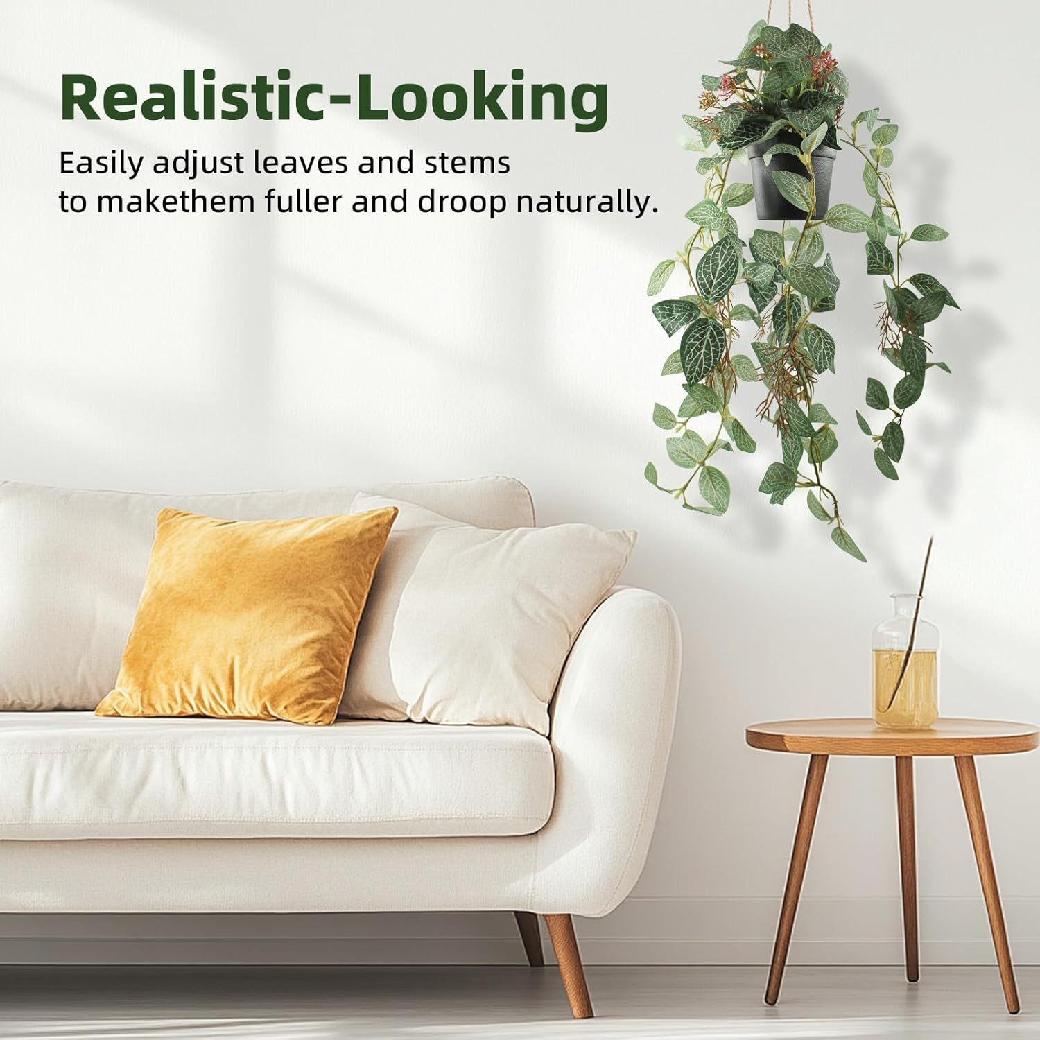 2 Pcs Artificial Hanging Plants Realistic Watermelon Texture with Flower Buds Fake Potting Leaves Faux Peperomia Vine Green Plants for Indoor Outdoor Home Garden Decor - A image number 4