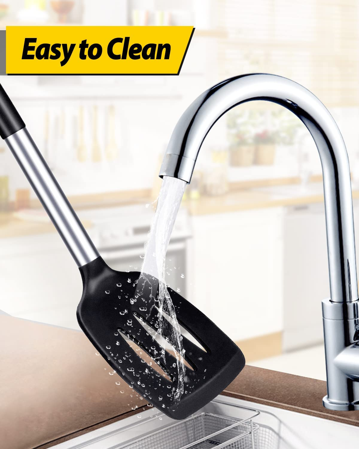 Pack of 2 Silicone Solid Turner,Non Stick Slotted Kitchen Spatulas,High Heat Resistant BPA Free Cooking Utensils,Ideal Cookware for Fish,Eggs,Pancakes (Black) - Blue image number 7