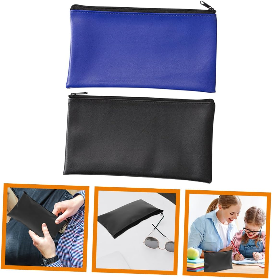 TOYZFRIENDY 2Pcs Leather Document Bag Portable File Organizer for Men Zippered Cash and Receipt Pouches in Black and Blue Lightweight Office and Travel Storage image number 5