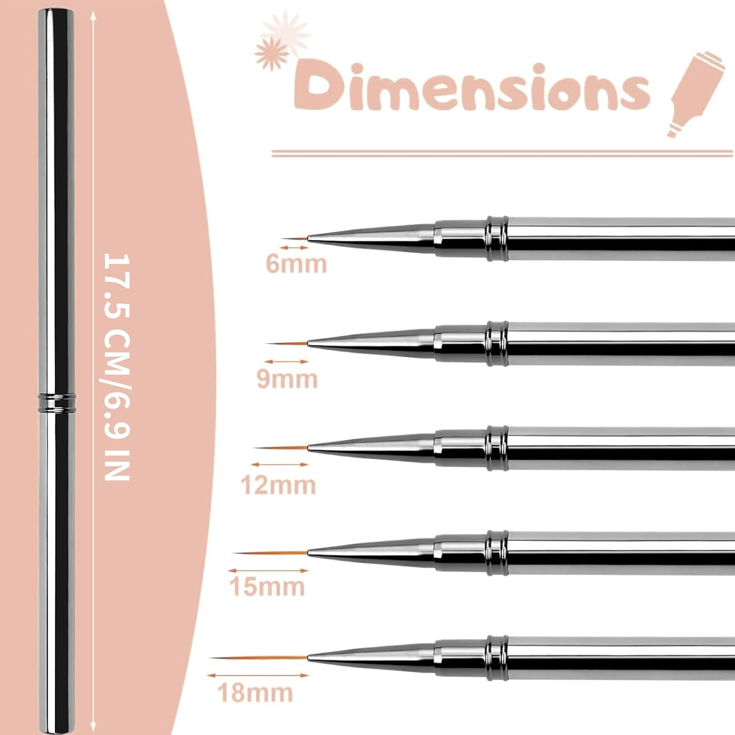 5 Pcs Nail Art Liner Brushes Set, Fine Detail Thin Liner Brushes for Professional Gel Polish Painting, Nail Art Brushes (6/9/12/15/18 Mm) image number 3