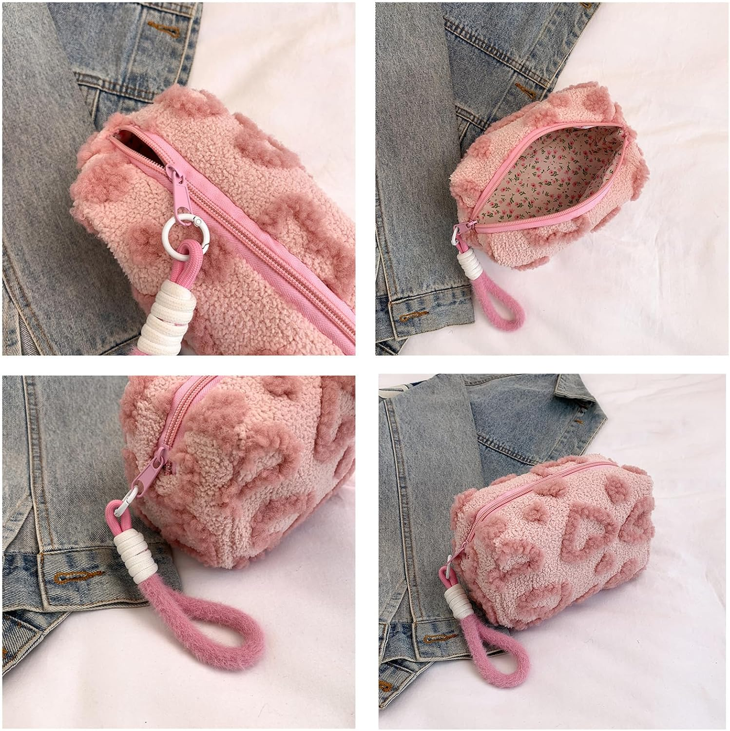 KASESSS Plush Makeup Bag, Heart Motif Make up Bag, Toiletry Bags, Large Cosmetic Bags with Handle, Portable Travel Puffy Flat Organizer with Zipper for Women Home Travel Office Cosmetic Storage, Pink