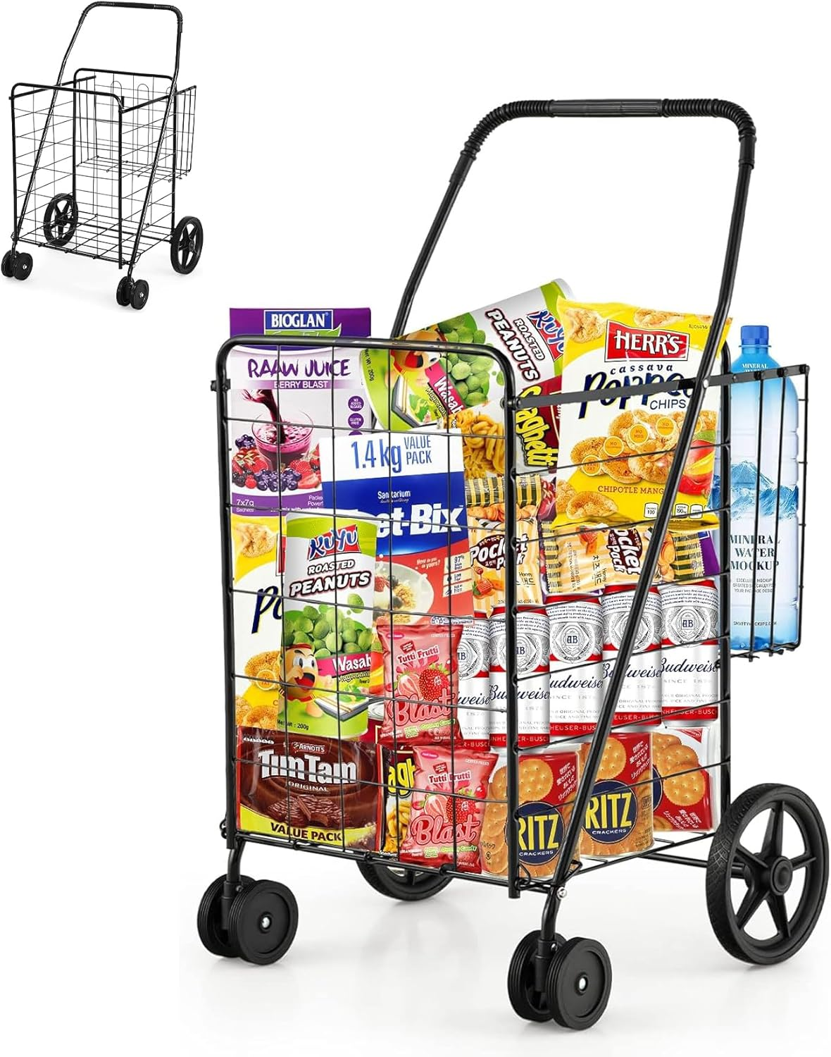 Foldable Shopping Cart with Rolling Swivel Wheels, Heavy Duty Grocery Utility Cart with Double Basket for Groceries Laundry Luggage Travel, 56 * 62 * 102Cm Black 118L image number 5