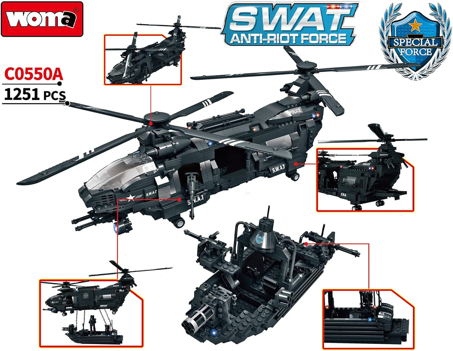 WOMA Pave Hawk Helicopter Building Block Set, SWAT Airplane with Warship Building Kit, 1251 PCS Military STEM Toys for Kids 6-12 image number 3