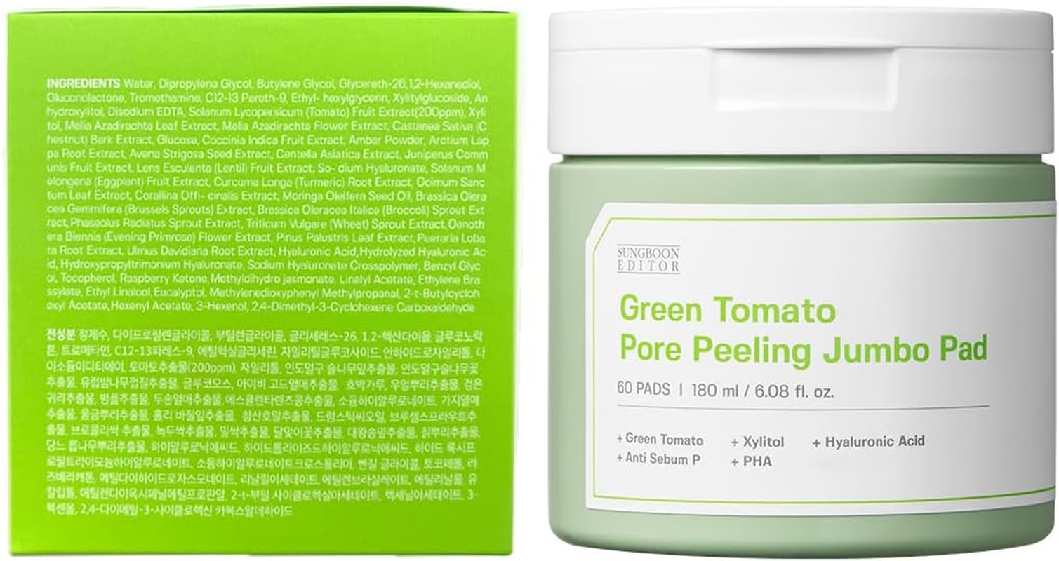 SUNGBOON EDITOR Green Tomato Pore Peeling Jumbo Pad 60 Sheets | Facial Toner Pads for Minimizing Pores & Soothing & Deep Hydration | PHA, Hyaluronic Acid | Korean Skincare image number 2