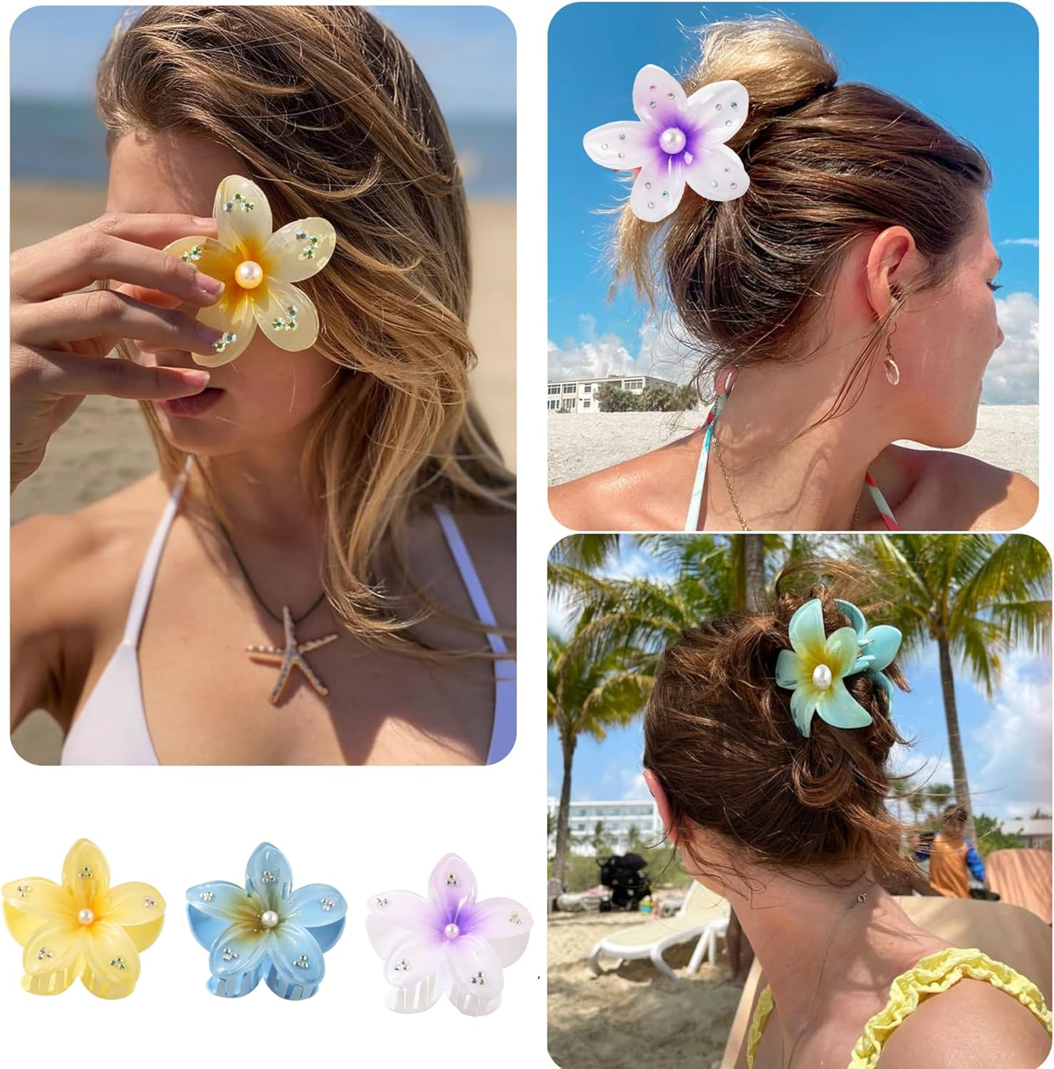QIUMING Flower Hair Clips, Egg Flower Hair Clip, Non-Slip Hair Clips, Hawaiian Flower Claw Clips, Hair Clip, Flower with Rhinestones, Hair Styling Accessories for Thick, Thin Hair (White + Yellow + image number 2