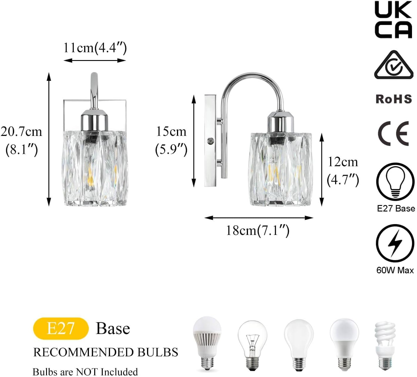 Crystal Wall Light Indoor, Modern Bedroom Wall Lamp with K9 Crystal Shade, Chrome Bathroom Sconce for Bedroom Mirror Living Room Hallway NL-W326-CH - Matte Black image number 2