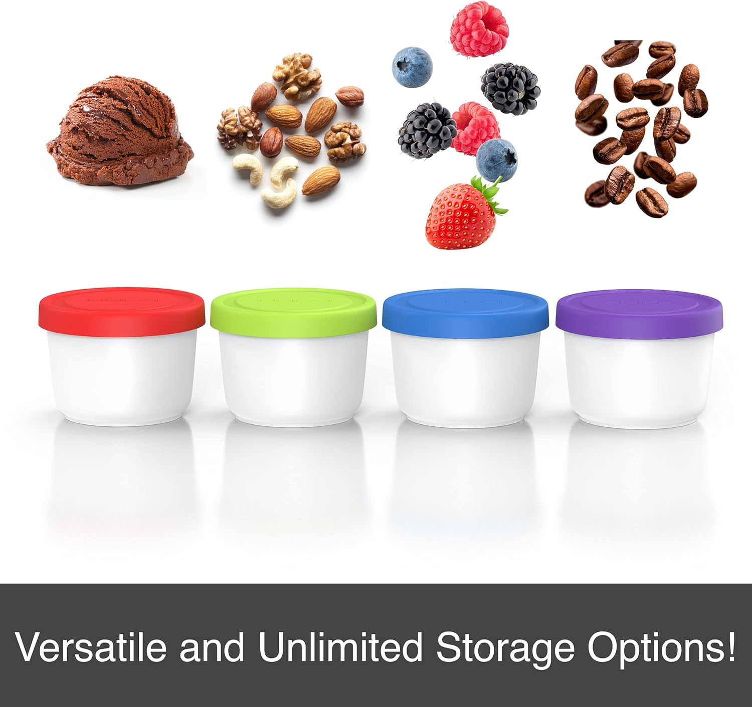 BALCI - 8Oz Mini Ice Cream Containers with Silicone Lids (Set of 4) - Freezer Food Storage Containers, Reusable, Leakproof, for Homemade Icecream Containers - Blue. Red, Green, Purple - Blue,Green,Purple,Red image number 3