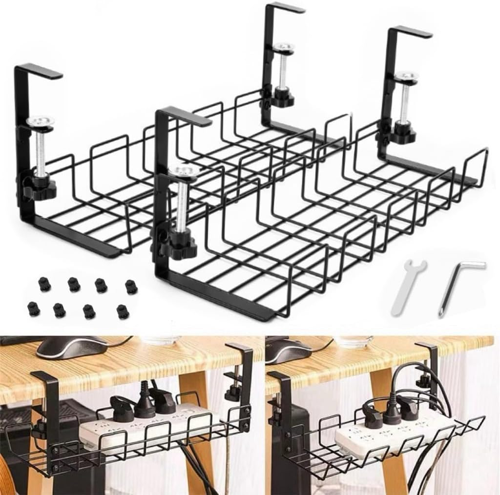 2 Pack under Desk Cable Management Tray No Drill, Underdesk Cable Organiser for Cable Management, Ultra-Rugged Desktop Cable Rack with Clips, Standing Desktop Cable Manager (15.75" Black) image number 1