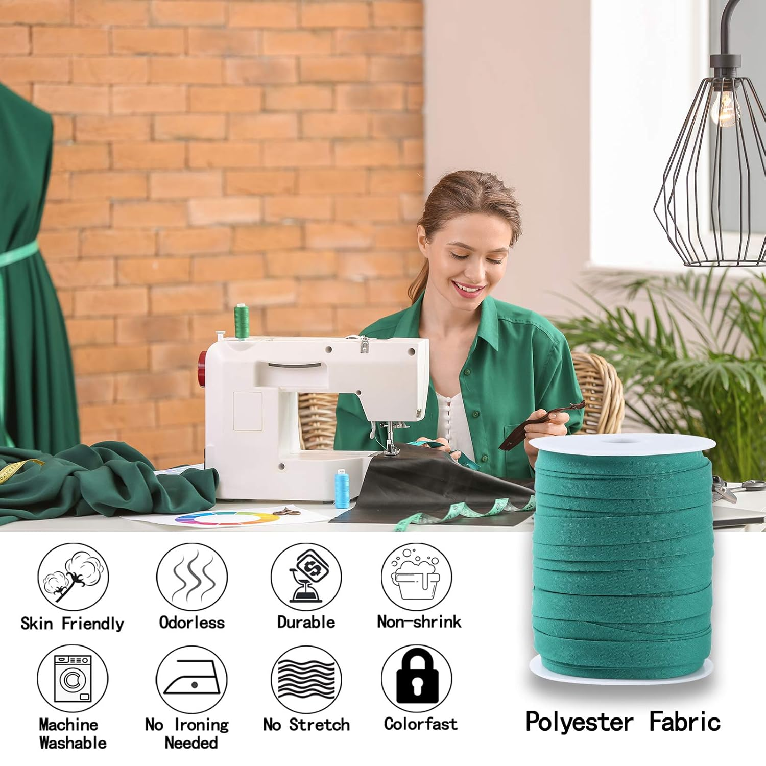 Bias Tape Double Fold 1/2 Inch, Double Fold Bias Binding Tape 55 Yards (Green) and 4 Pieces Sewing Fabric Chalks for Crafts, Sewing, Seaming, Hemming, Piping, Quilting. image number 2