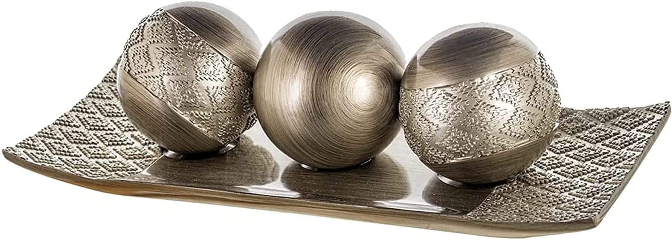 (Brushed Silver) - Dublin Decorative Tray and Orbs/Balls Set of 3, Centrepiece Bowl with Balls Decorations Matching, Rustic Decorated Spheres Kit for Living Room or Dining/Coffee Table, Gift Boxed (Brushed Silver)