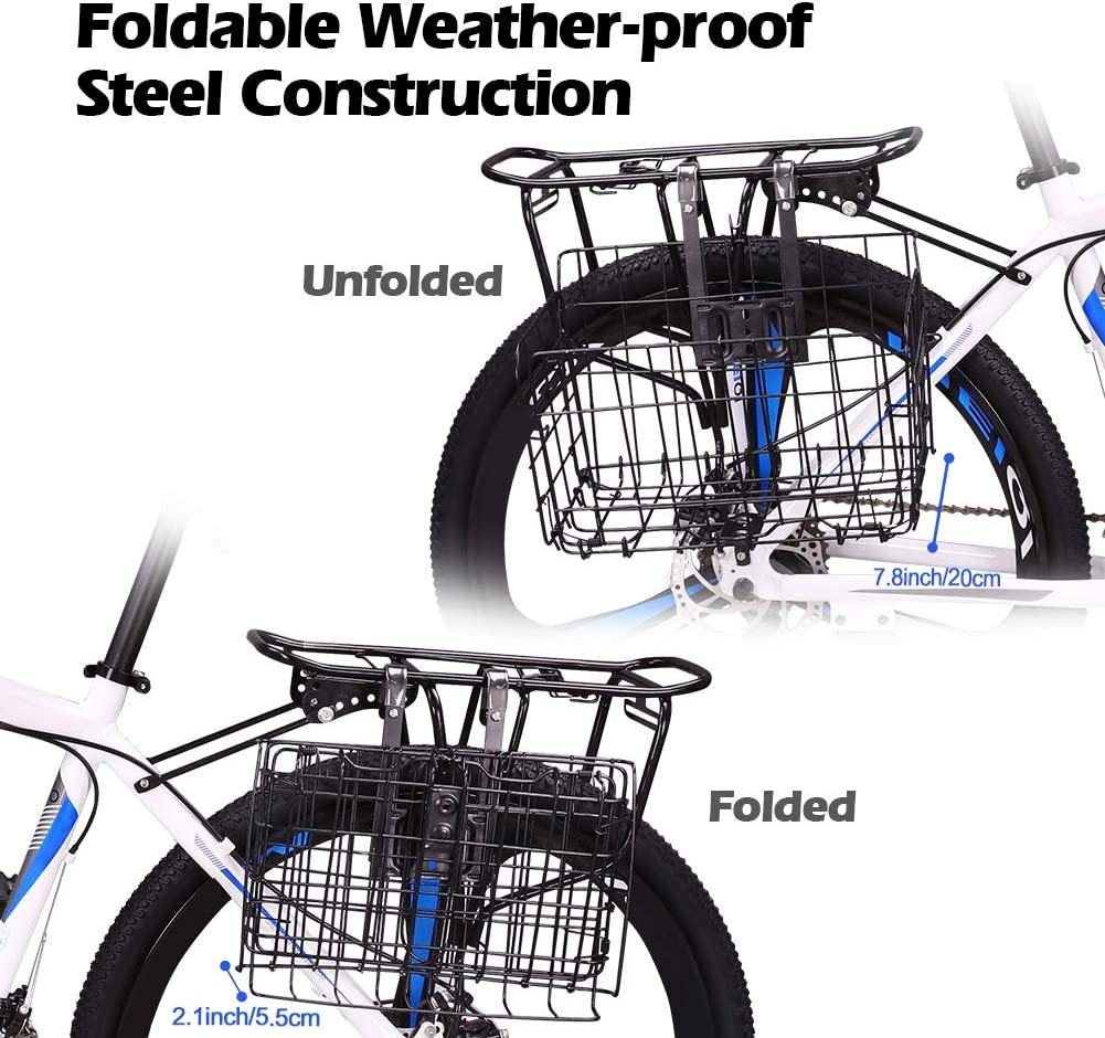 Wiel Bike Basket with Black Liner Rainproof Cover, Folding Steel Bicycle Basket Easy Install to Front Handlebar or Rear Rack, Heavy-Duty Metal Wire Bearing 33 Lbs for Commuter Grocery Shopping Picnic image number 2