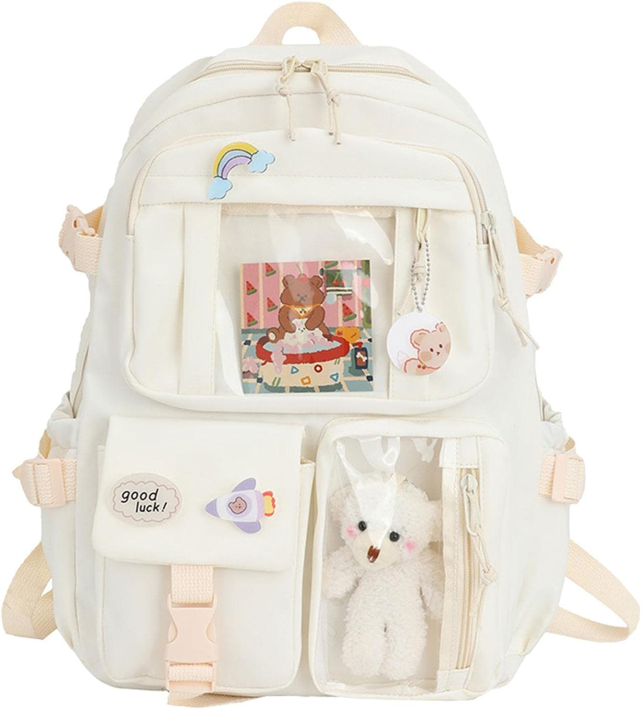 Backpack with Cute Pin & Plush Bear Accessories, Cute School Backpack Pastel Aesthetic Backpack for Girls