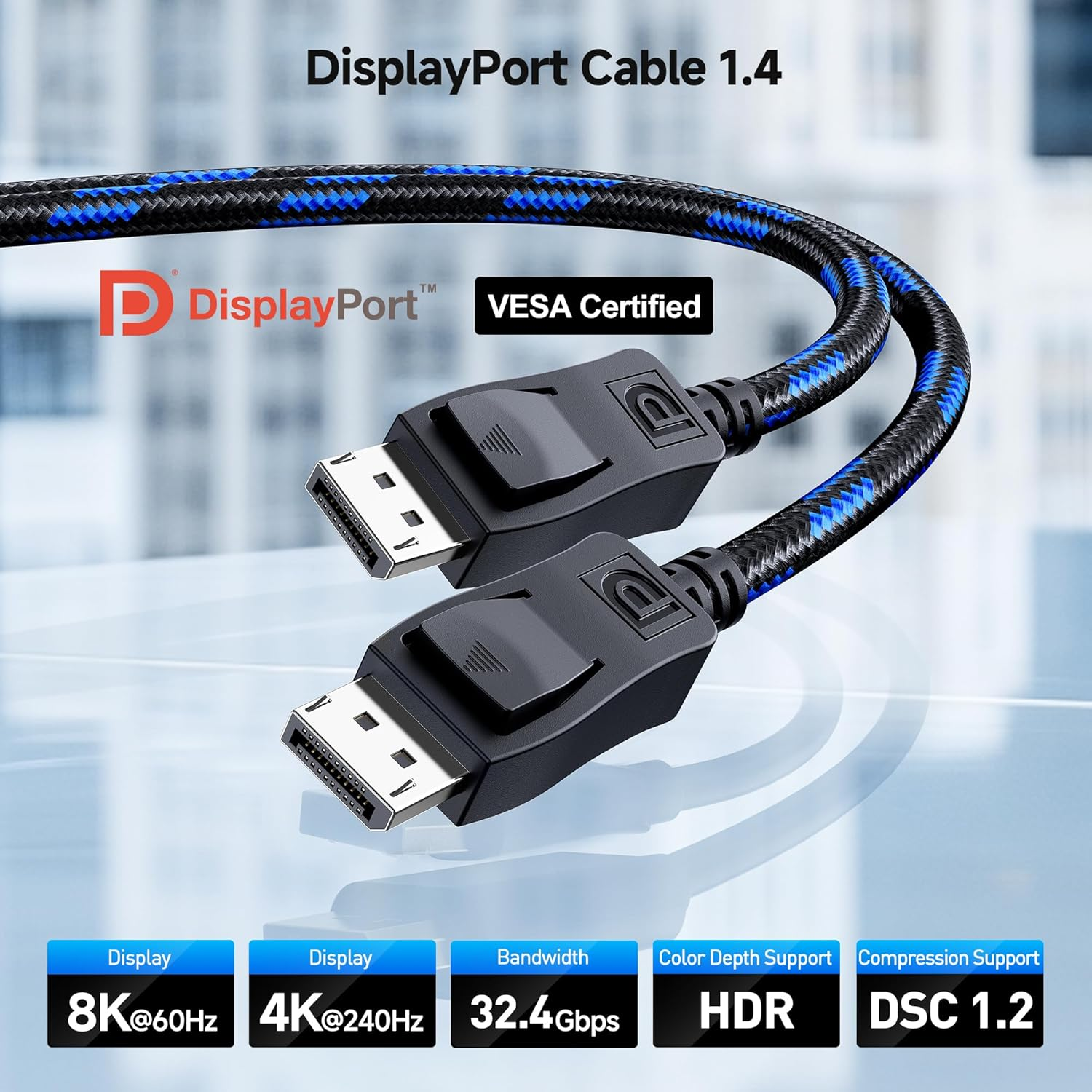 [VESA Certified] Cable Matters 8K Braided Displayport Cable - 3M, Display Port Cable 1.4, DP Cable for 8K@60Hz, 4K@240Hz with Freesync, G-SYNC and HDR for Gaming image number 2