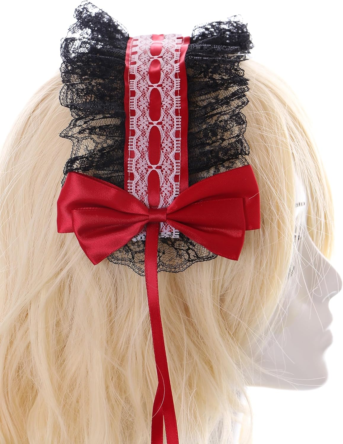 C-08-3 Black Red Maid Maid Lolita Hair Band Lace with Bow Gothic Hair Accessories Headband image number 3