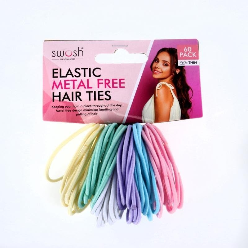 Swosh Metal Elastic Free Hair Ponytail, Pastel, Neutral and Bright Colour (Pack of 60)