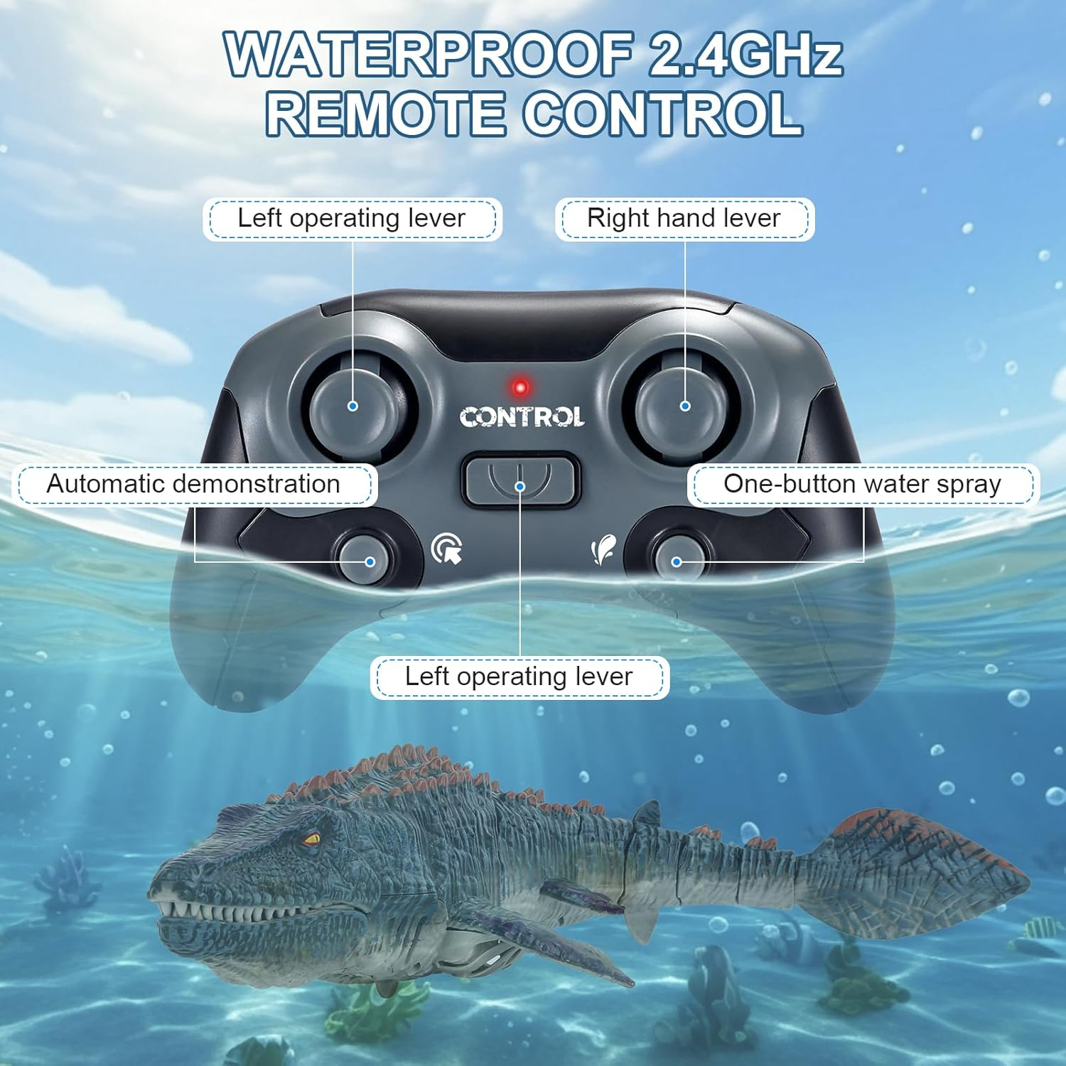 Remote Control Dinosaur Toys, High Simulation Dinosaur Toy with LED Lights for Swimming Bath Lake Ocean RC Boat Toys, 2.4Ghz Aquatic Remote Control Dinosaur Toys for Kids image number 4