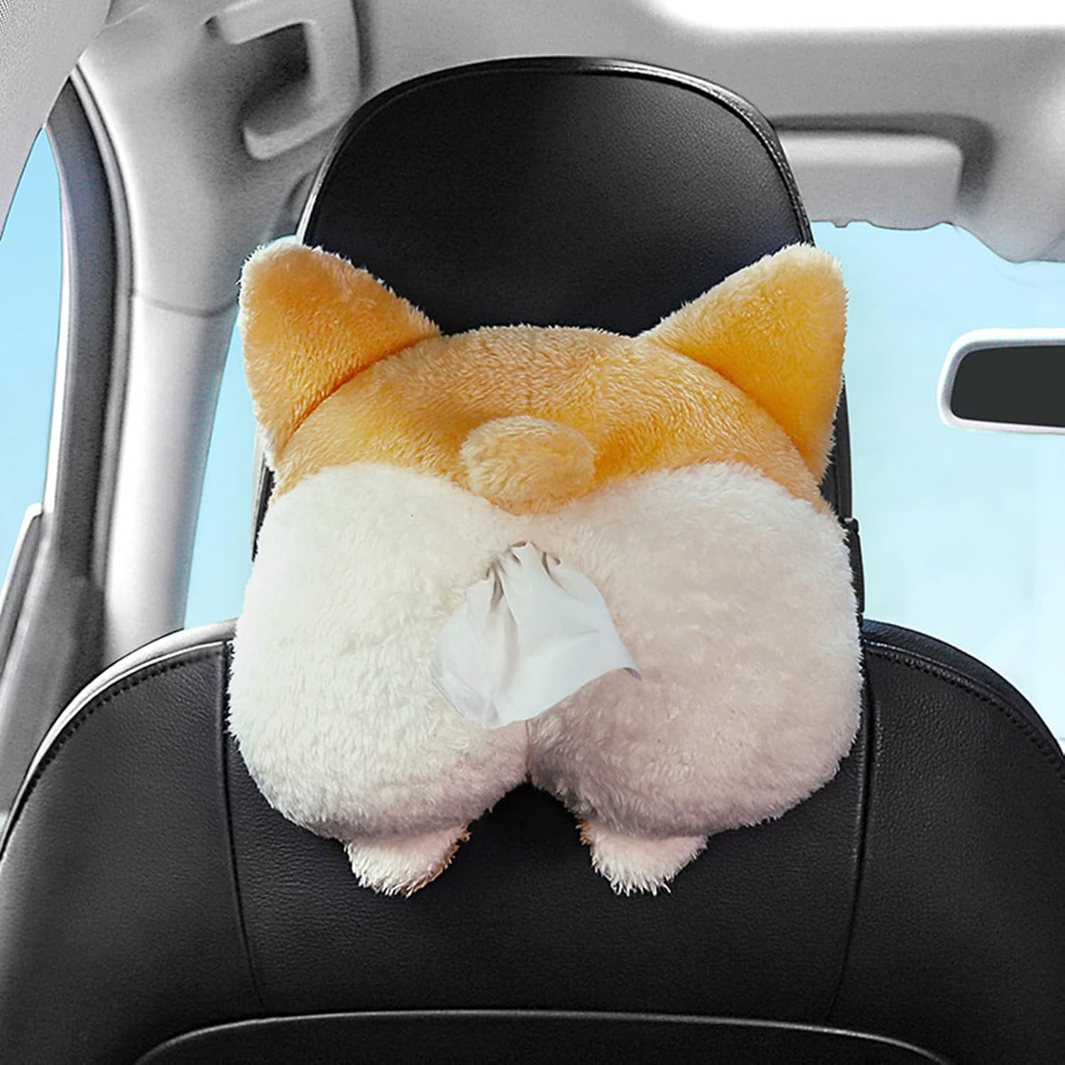 Car Tissue Box Holder - Cute Soft Plush Cat Corgi Butt Dispenser, Cartoon Animals Paper Napkin Storage Box for Home, Bathroom Accessories
