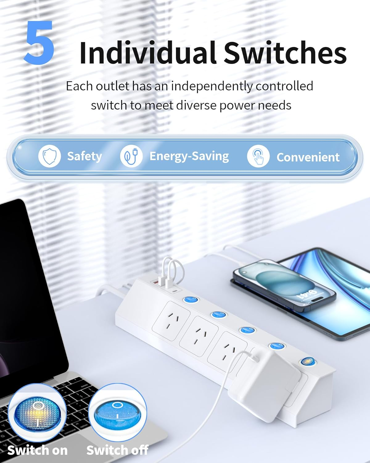 Power Board Surge Protected with Individual Switch, Powerboard with 5 AC Outlets 4 USB Ports (2 USB C), 1700J Surge Protector, SAA Certified, 1.5M Extension Cord for Home and Office, White image number 3