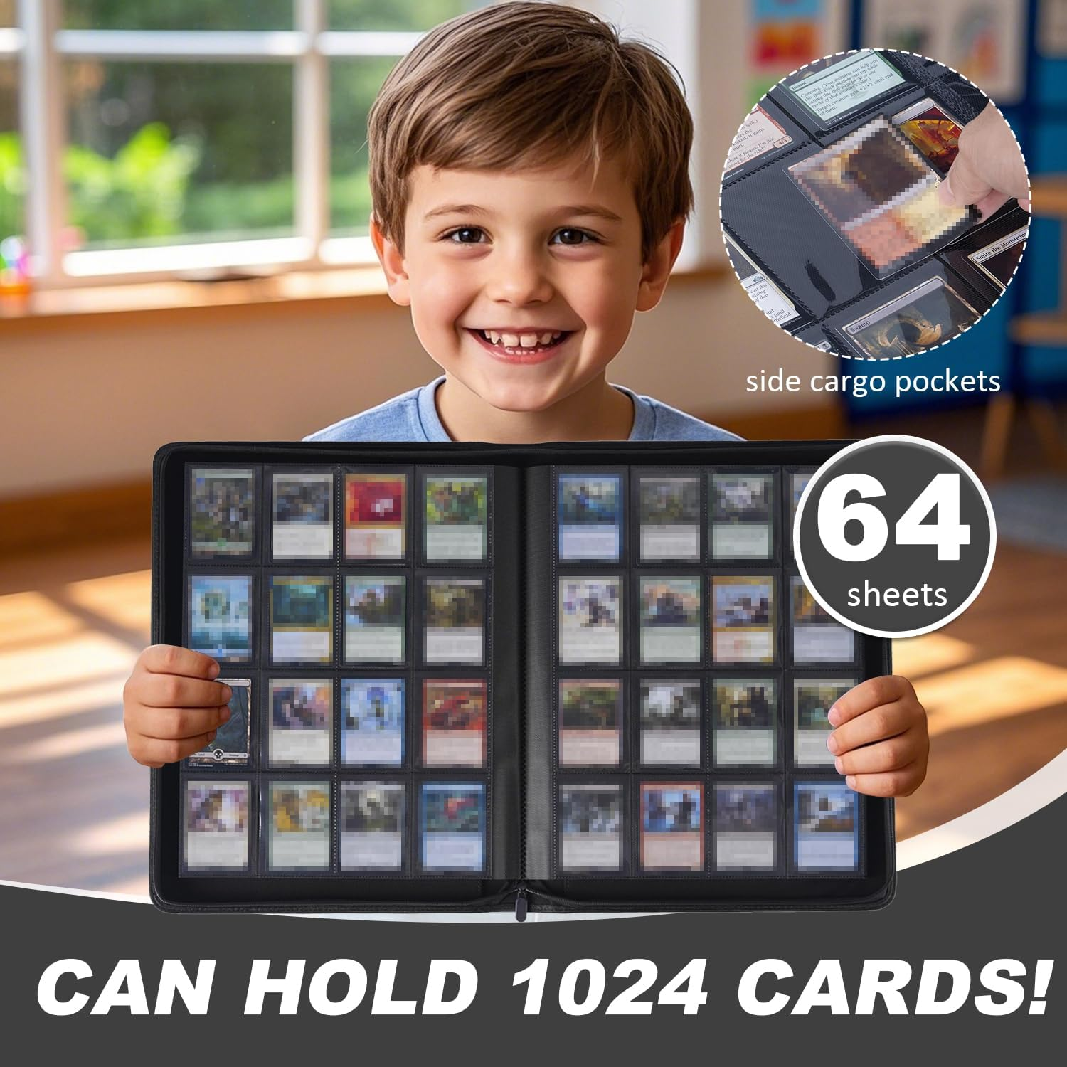 16 Pocket Premium Trading Card Zip Binder,1024 Side-Loading Slots Card Album Holder, Trading Card Holder, Ringless Game Trading Card Protective Organize Folder, Compatible with Yugioh, MTG image number 1