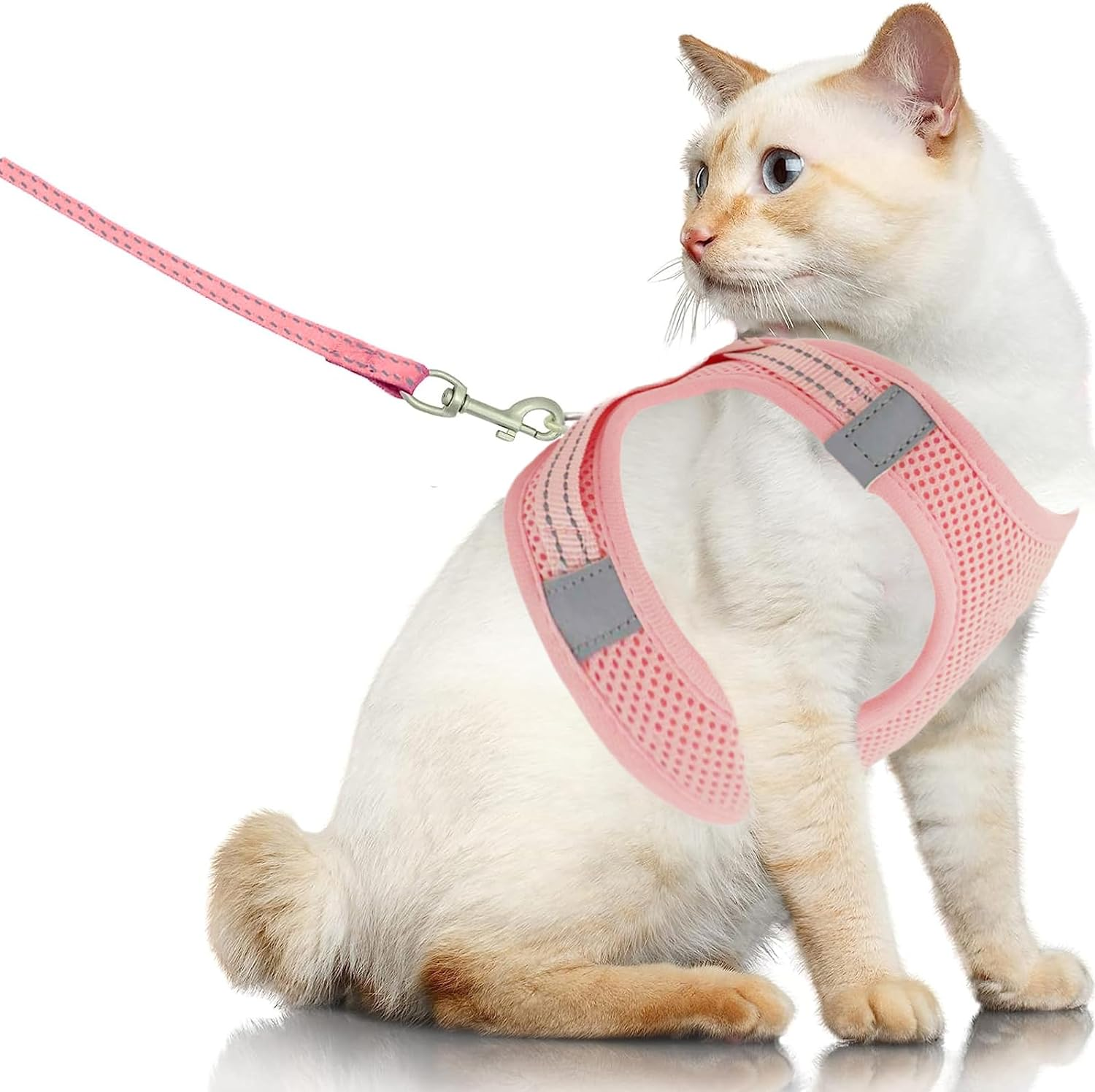 UPET Reflective Cat Harness and Leash, Kitten Cute Double Soft Mesh Cats Vest, Adjustable No-Pull Voyager Step-In Harnesses for Small, Medium, Large, Heavy Duty Walking Training(Pink L)