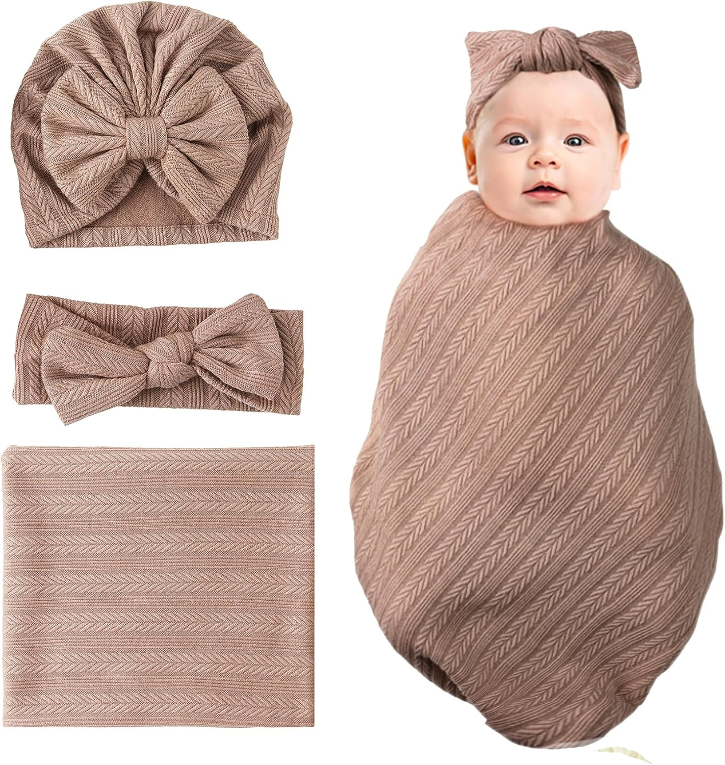 Jastore Baby Infant Swaddle Blankets for Girls 3PCS Newborn Accessories Set with Matching Hat and Bow Headband (Beige, 33"*35")
