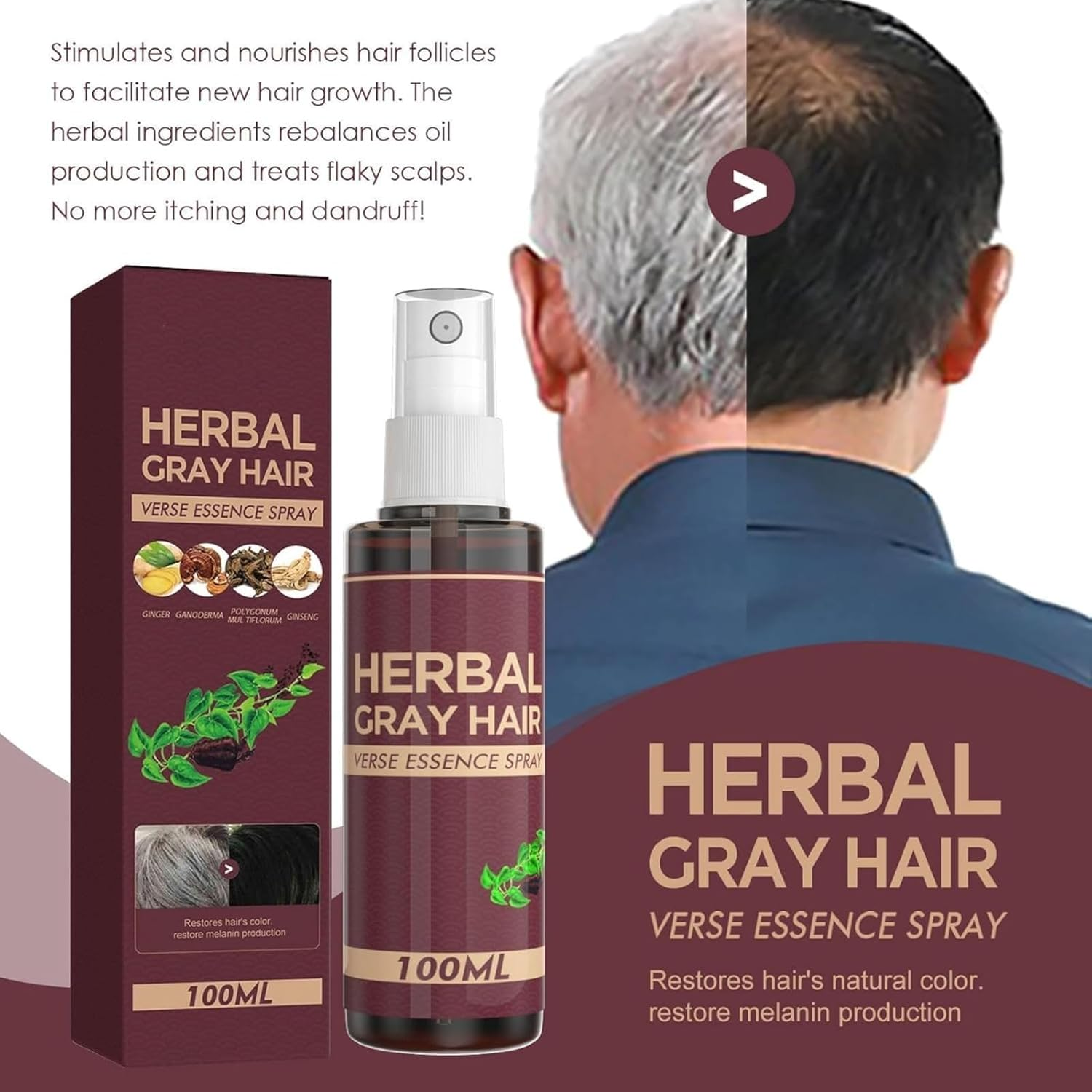 Hair Darkening Conditioner, 100 Ml Herbal Hair Coloring Essence Spray, Herbal Grey Hair Reversal Spray, for Natural Color Revival & Grey Hair Reversal (2Pcs)