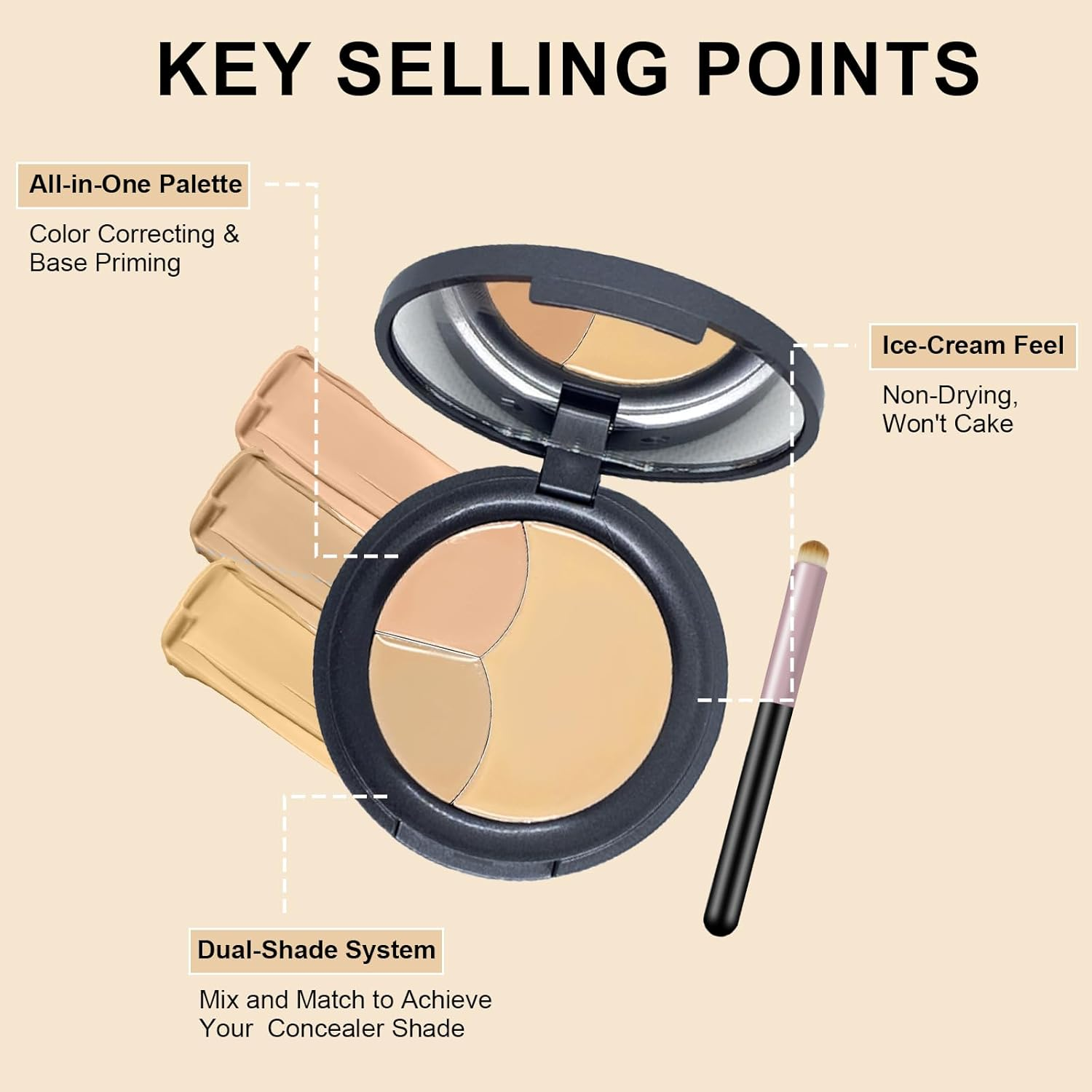 3-Color Cream Concealer Palette with Brush,Color Corrector Cream Kit for Smooth Contouring to Conceal, Correct, and Contour with a Velvety Finish. image number 1