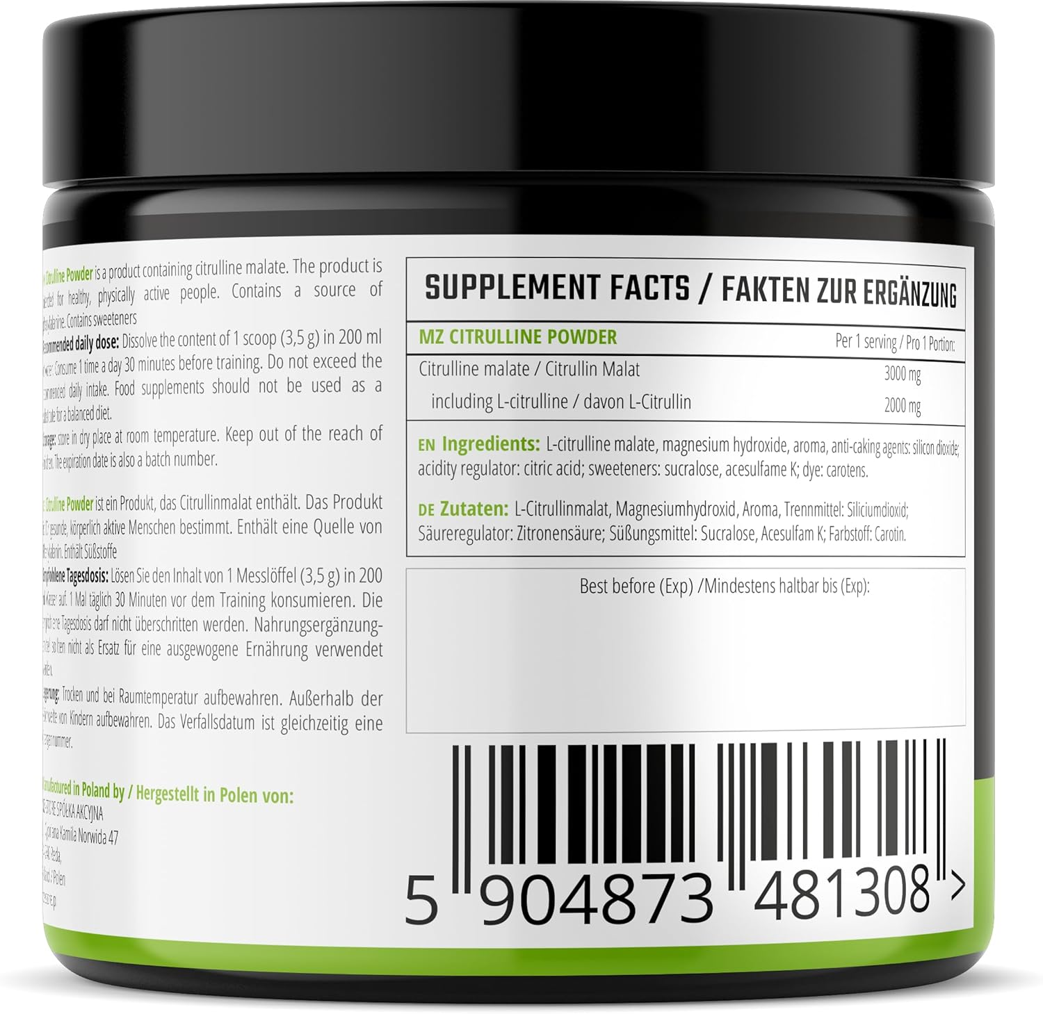 Citrulline Powder 300G - L-Citrulline 2000 Mg with Magnesium - 85 Servings per Pack - Amino Acid Supplement - Tropical Fruit Flavour - by MZ image number 1