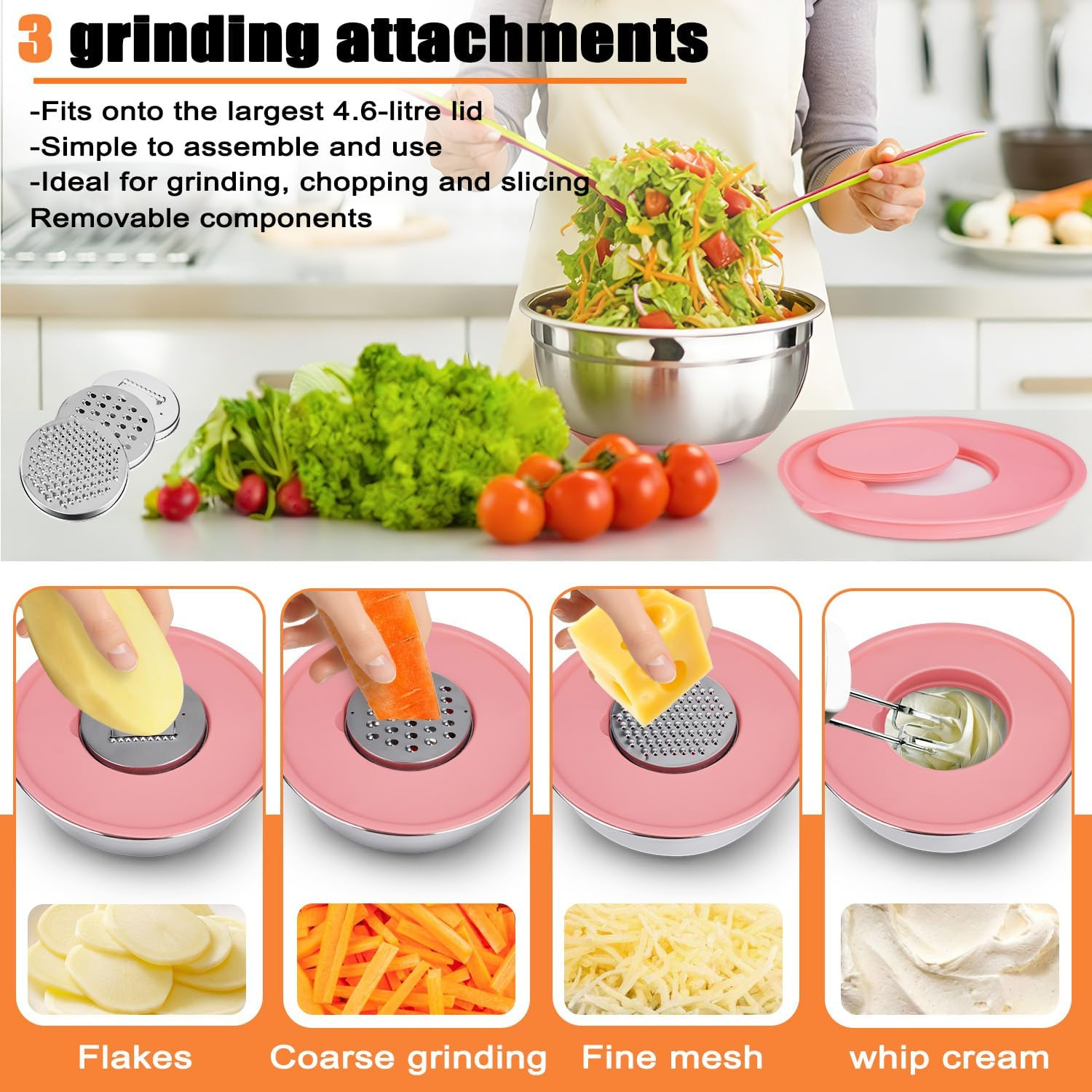 WEKUBA 5-Piece Stainless Steel Mixing Bowls Set with Lids, Non-Slip Silicone Base & 3 Grater Attachments &ndash; Stackable, Dishwasher Safe for Baking & Meal Prep image number 2