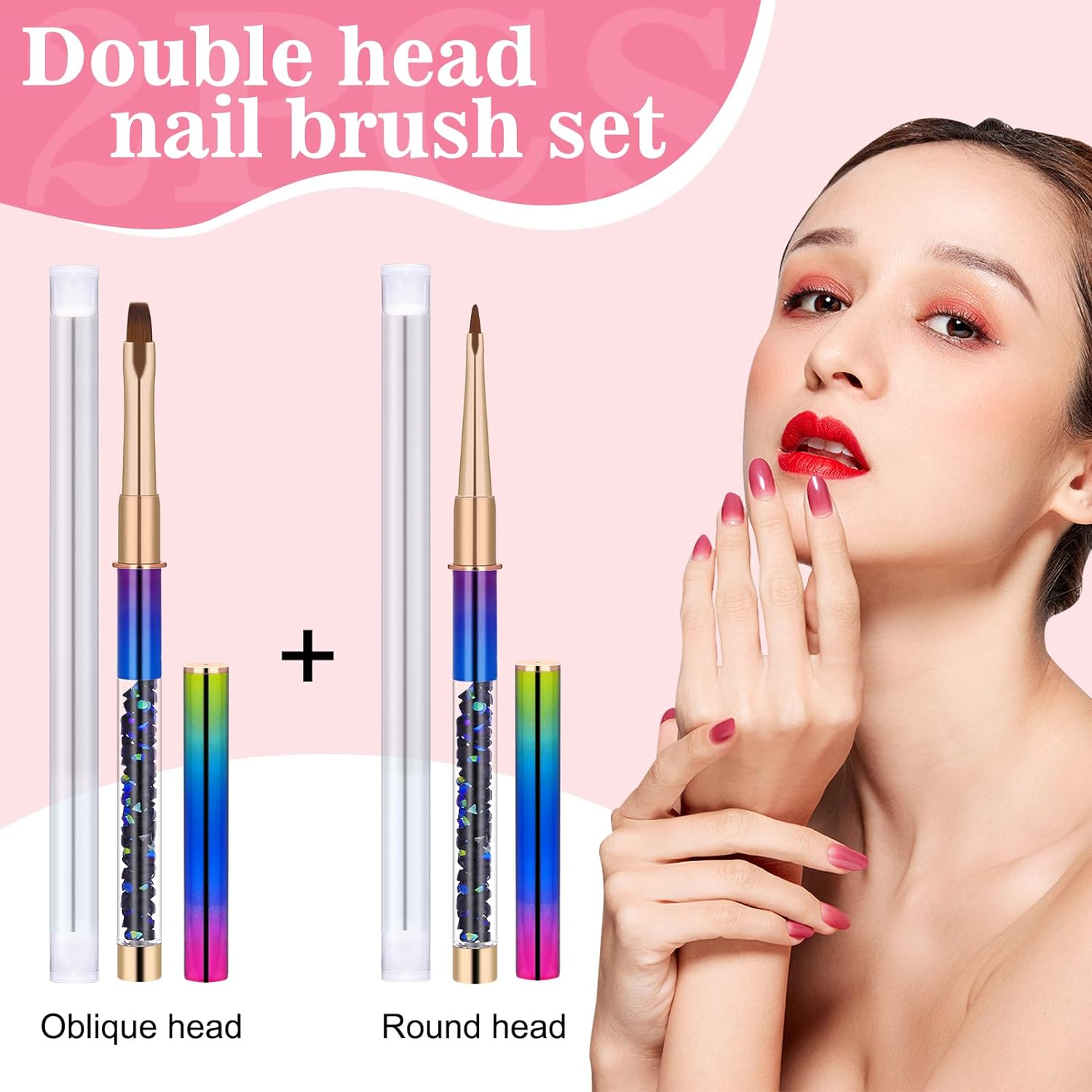 2Pcs Nail Art Clean up Brushes, Painting Brushes for Nails with round & Angled Head Acrylic Nail Brush Pen Painting Tools for Women Nail Art Design & Polish Mistake Cleaning(Style 2) - Blue image number 3