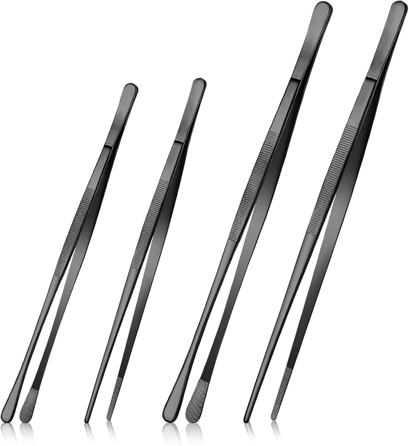 Rhoyee 4 PCS Black Stainless Steel Kitchen Tweezers Tongs Set &ndash; 10"& 12" Precision Cooking Tweezers with Serrated & Rounded Tips&ndash;Long Tweezer Tongs for BBQ, Food Plating, Seafood, Bartending & Repairs image number 2