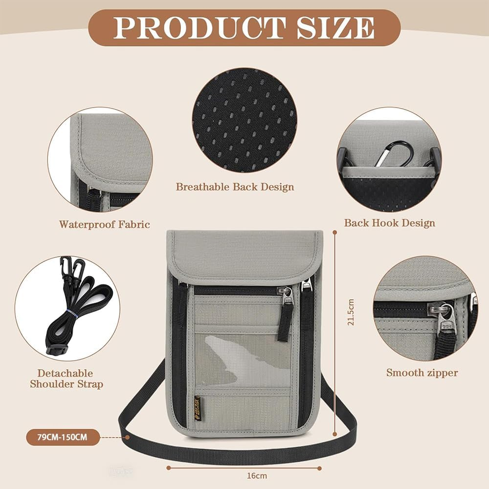 RUTREZOGO Travel Neck Bag Passport Holder with Adjustable Strap, Unisex Lightweight Document Organizer with Zipper for Cash, Credit Cards, and Travel Essentials (Light Gray) image number 6