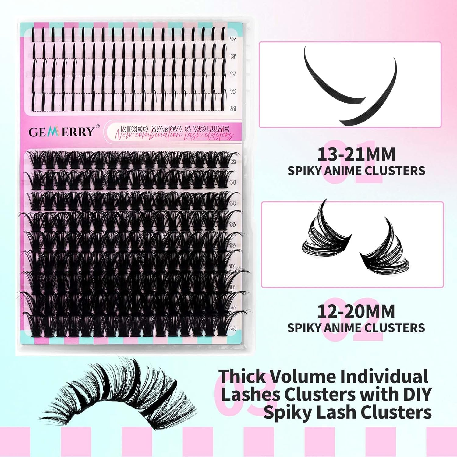 GEMERRY Lash Clusters with Spikes 80D Long 12-21Mm Cluster Eyelash Extensions DIY Wispy Natural Lashes Spiky Individual Mink Eyelashes(80D) image number 4