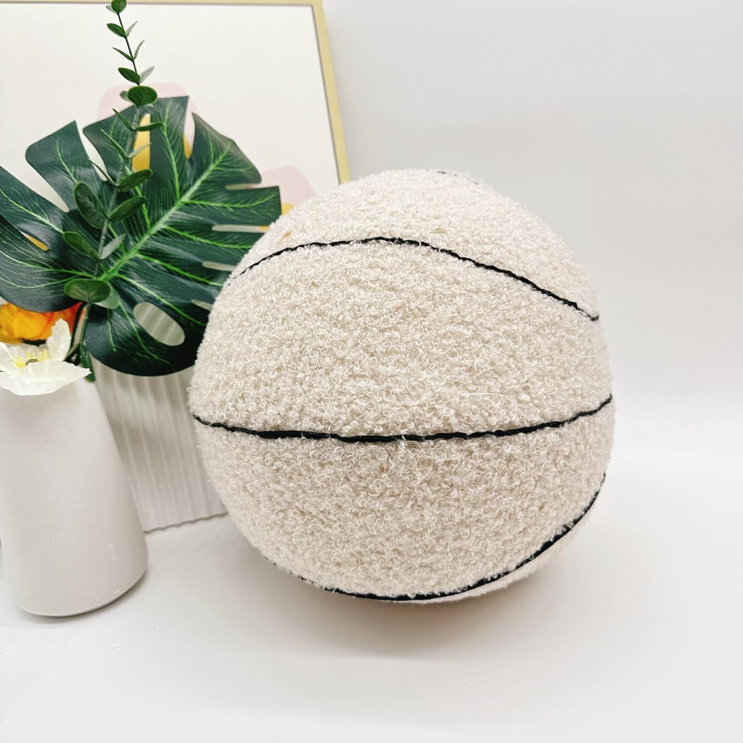 2023 New Offcourt Basketball Pillow, 11" Shaped Teddy Fleece Embroidered Throw Pillow, Fuzzy Plush Toy Gifts for Kids Boys Girls (Beige) - Beige image number 4