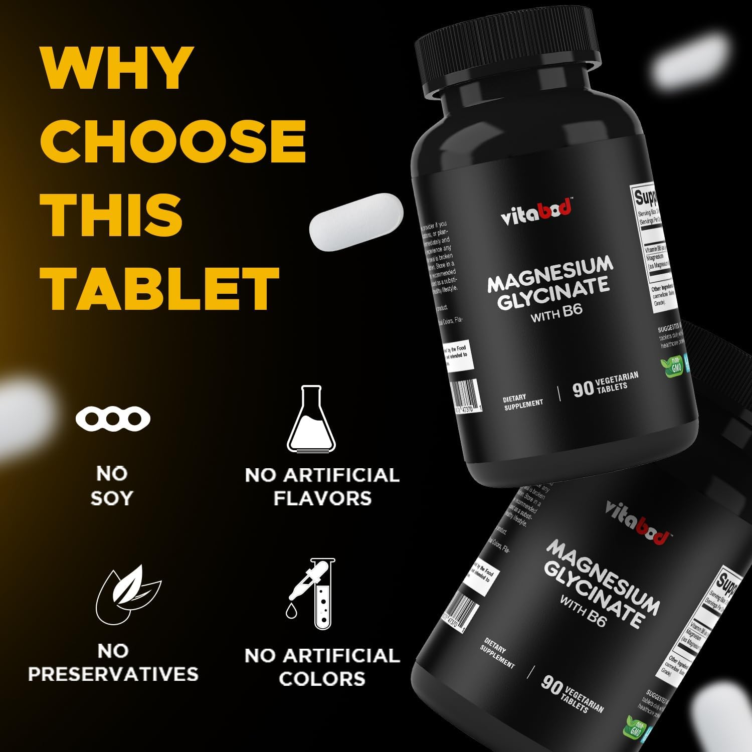 Magnesium Glycinate 10000 Mg per Serving - 90 Vegetarian Tablets - (Equal to 300Mg Magnesium) - Pure Magnesium Supplement - Chelated Form - Supports Muscle, Joint, and Heart Health image number 3