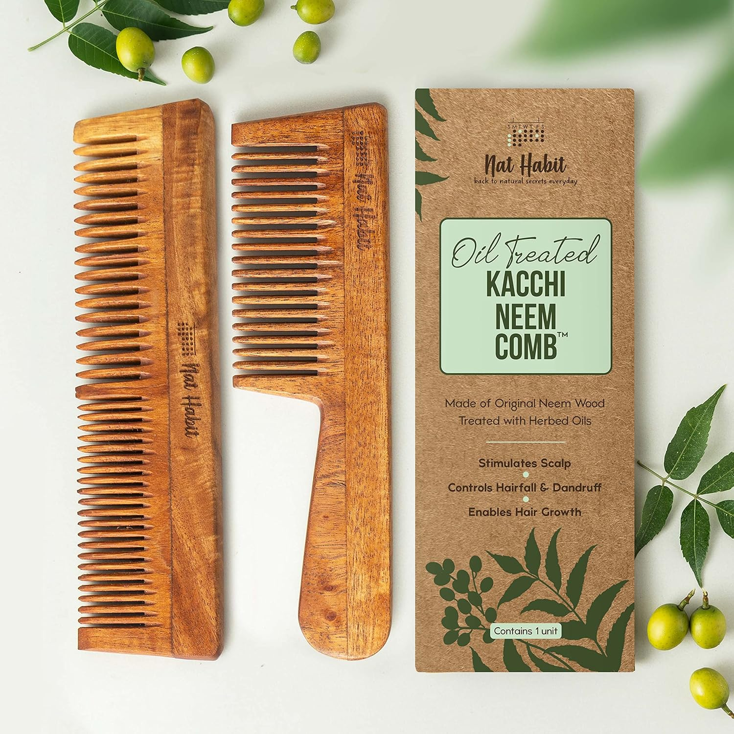 Nat Habit Kacchi Neem Wooden Comb, Soaked in 13 Herbs Neem, Seasame Oil for Multi-Actions Detangling, Frizz Control & Shine (Dual Tooth & Fine Tooth) Combo Pack of 2 image number 4