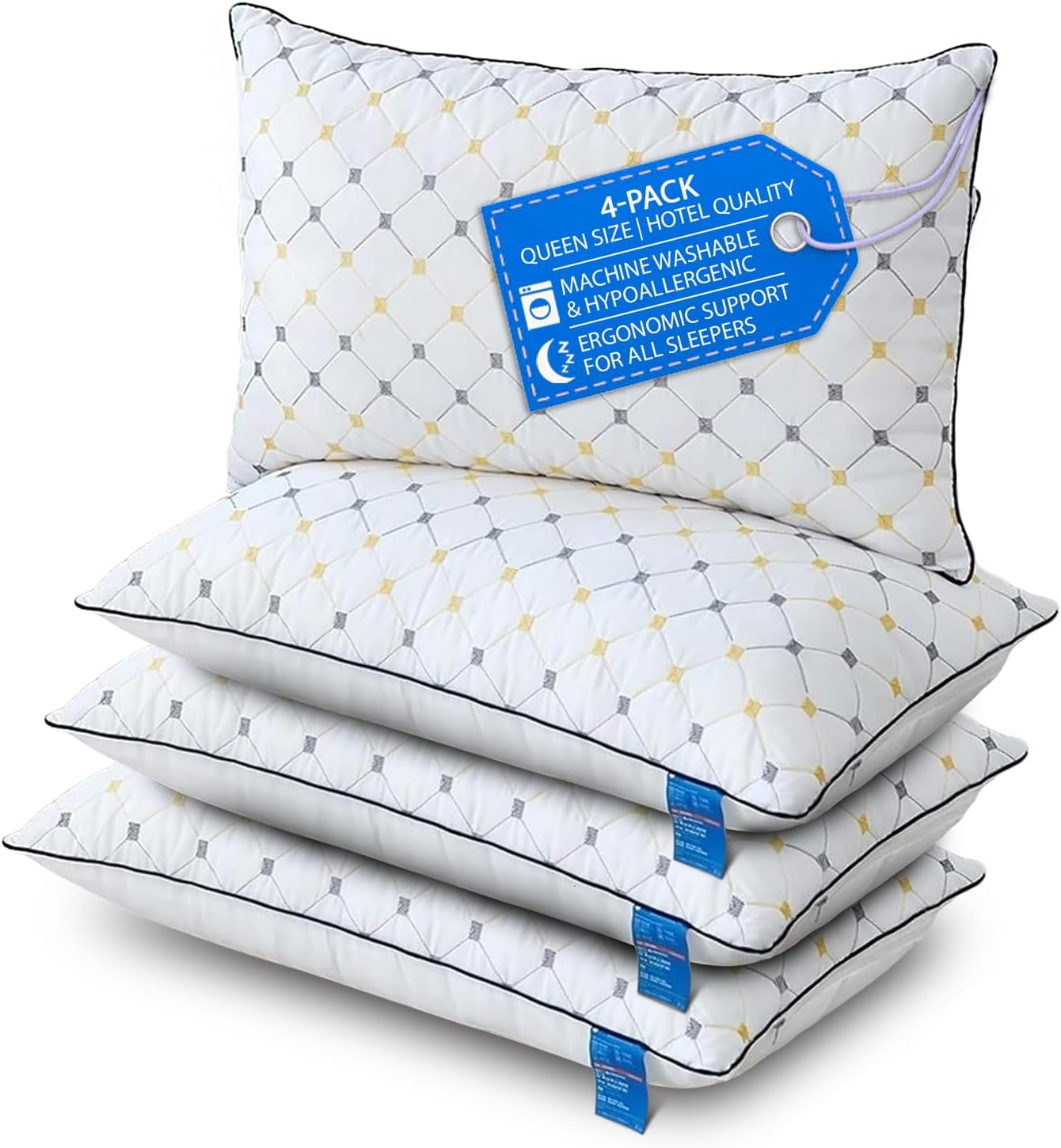 4-Pack Queen Bed Pillows for Sleeping &ndash; Hotel Quality, Hypoallergenic, Soft & Supportive, Medium Height Pillow, Checked Pattern, Removable Cotton Covers, Machine Washable &ndash; 74X48Cm image number 2