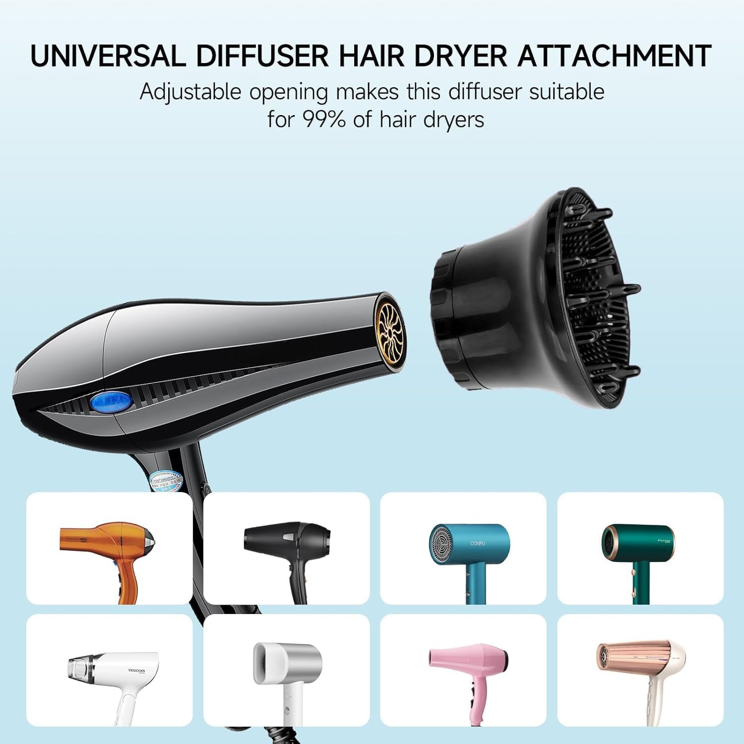 Universal Curly Hair Diffuser, Adaptable Hair Diffuser Attachment for Hair Salon Quality Hairstyling Tool Hair-Protective Frizz-Free Fast-Drying for Dryers with 1.65 to 3.15 Inches Nozzle image number 5