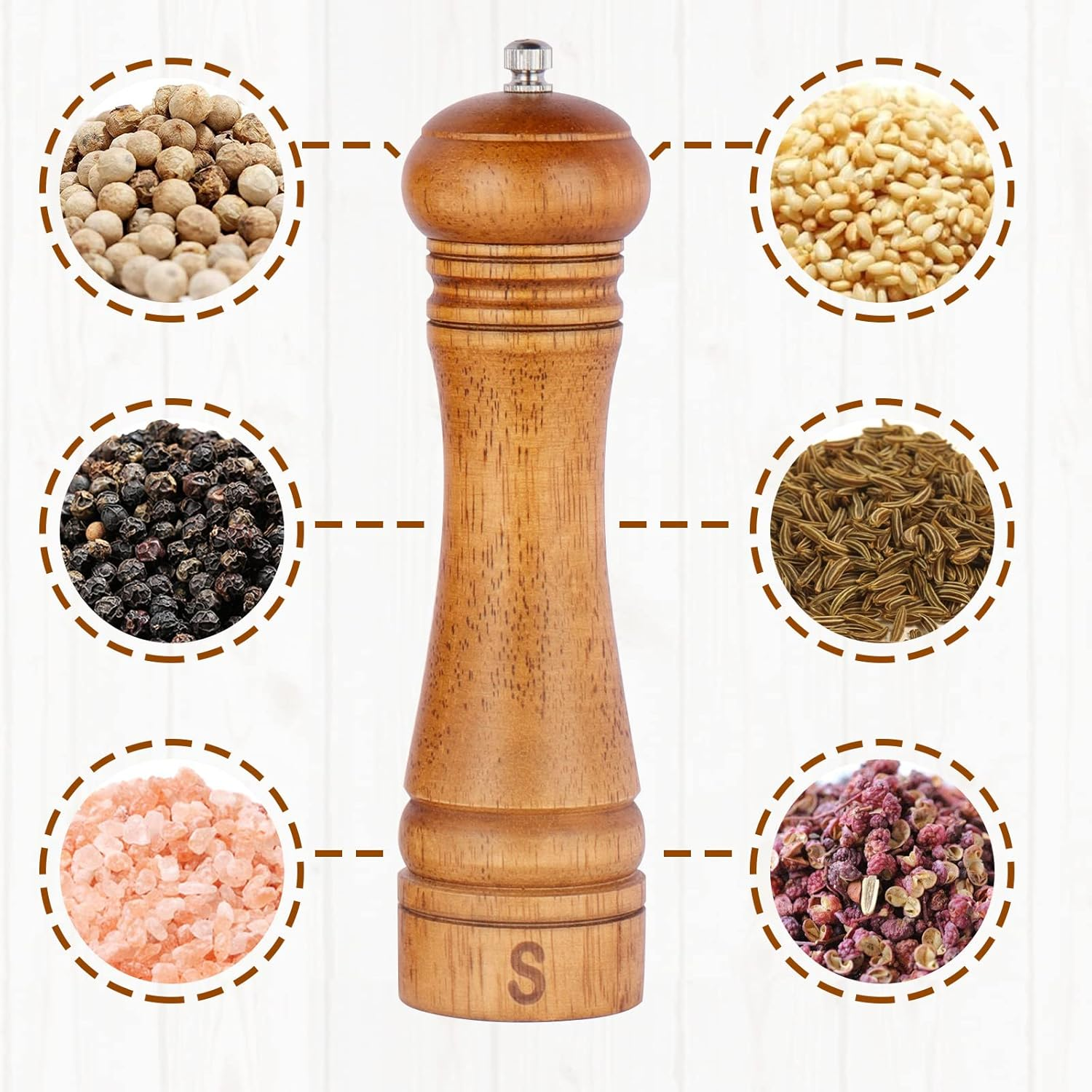 Wood Pepper Grinder Pepper Mill,Adjustable Coarseness 8 Inch Wooden Peppermill, Ceramic Grinding Mechanism Salt Mill Refillable (2 Pack)