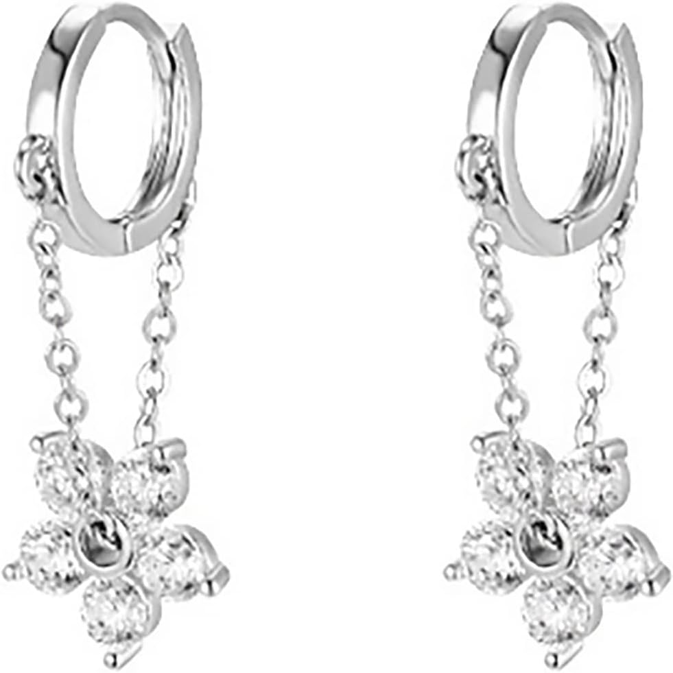 Reffeer Solid 925 Sterling Silver Flower Chain Drop Earrings Hoop for Women Teens Huggie Hoop Dangle Earrings Chain