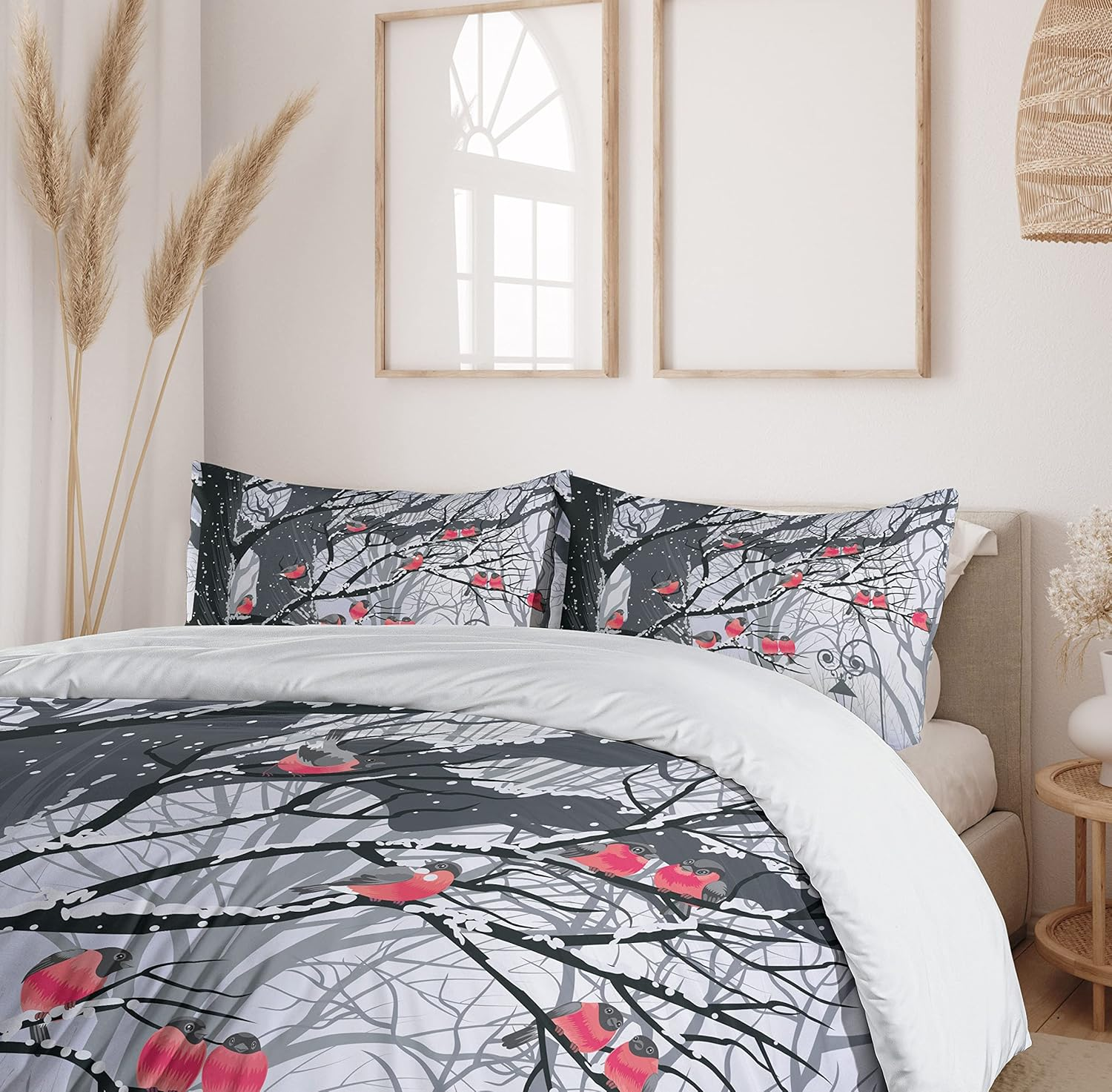 Winter Duvet Cover Set King Size by Ambesonne Cute Bullfinches on Trees Winter City Park Snow Cold Weather Immigrant Birds Design Decorative 3 Piece Bedding Set with 2 Pillow Shams Grey Coral