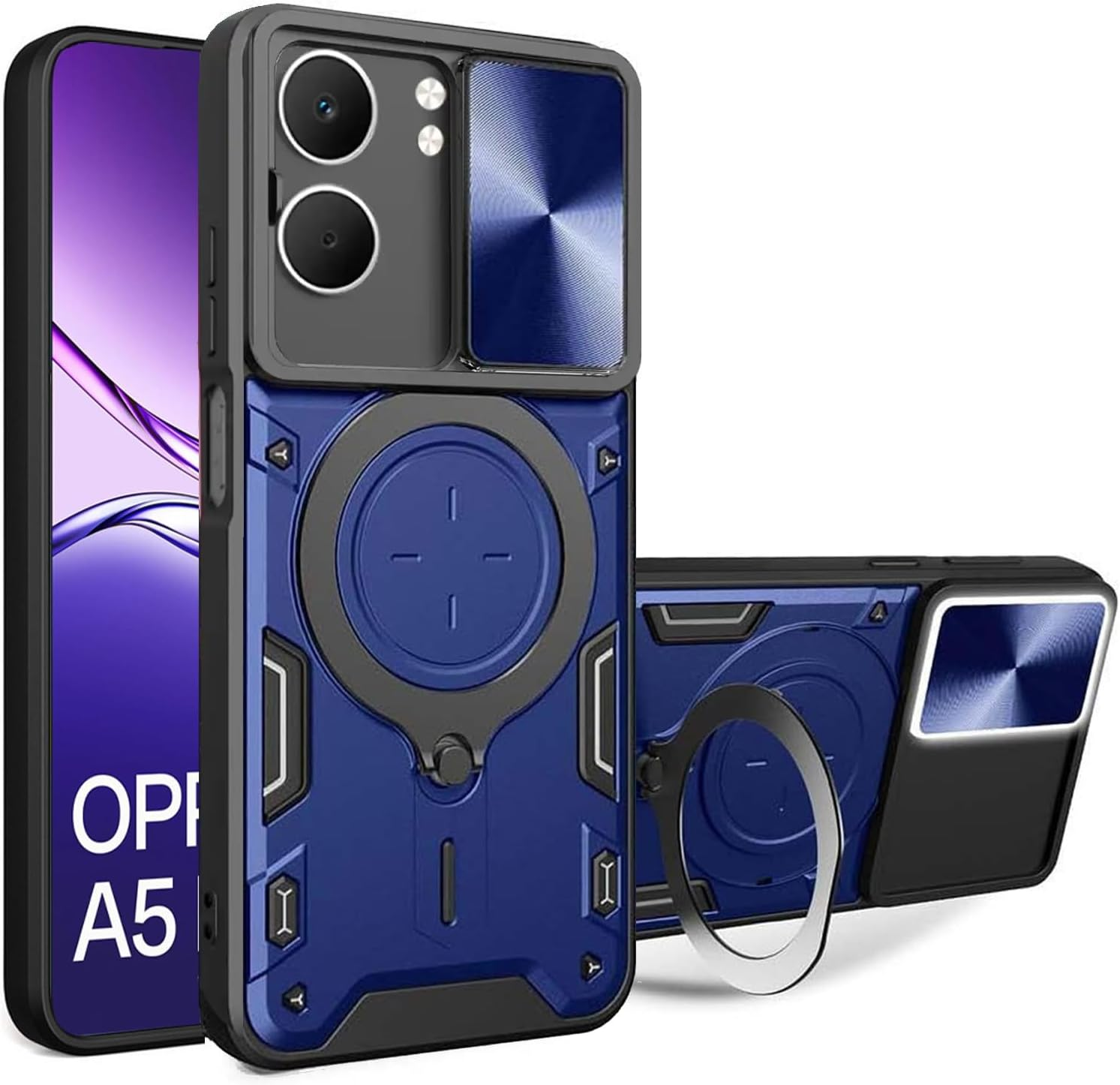 FORZARMOR for Oppo A5X 4G (6.67 Inch) Case Shockproof with Back Camera Slide Window Cover, Ring Kickstand Armor Military Rugged Cover (For A5X,Blue)